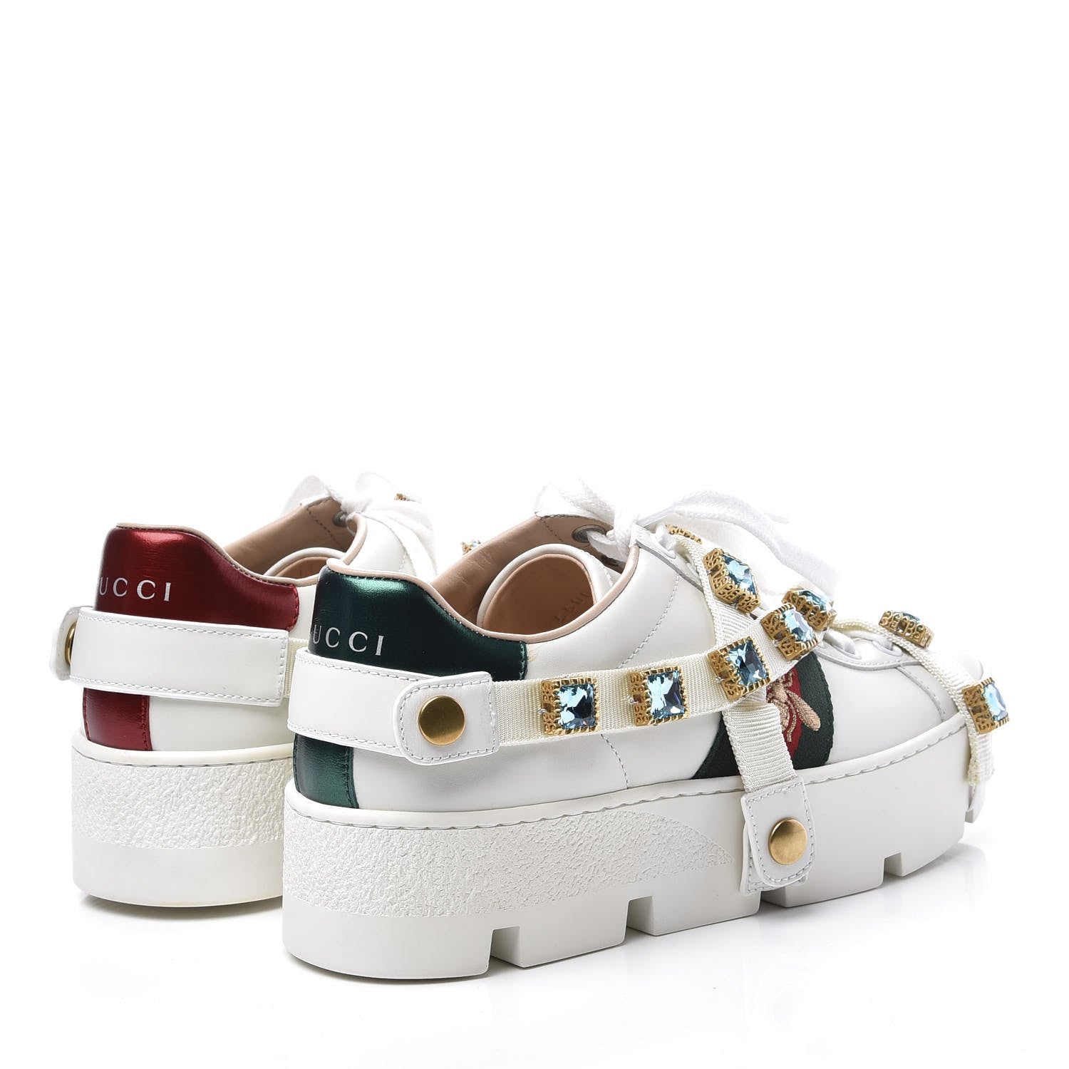 Gucci Calfskin Removable Crystals Bee Embroidered Ace Platform Sneakers 36 White 4 of 11