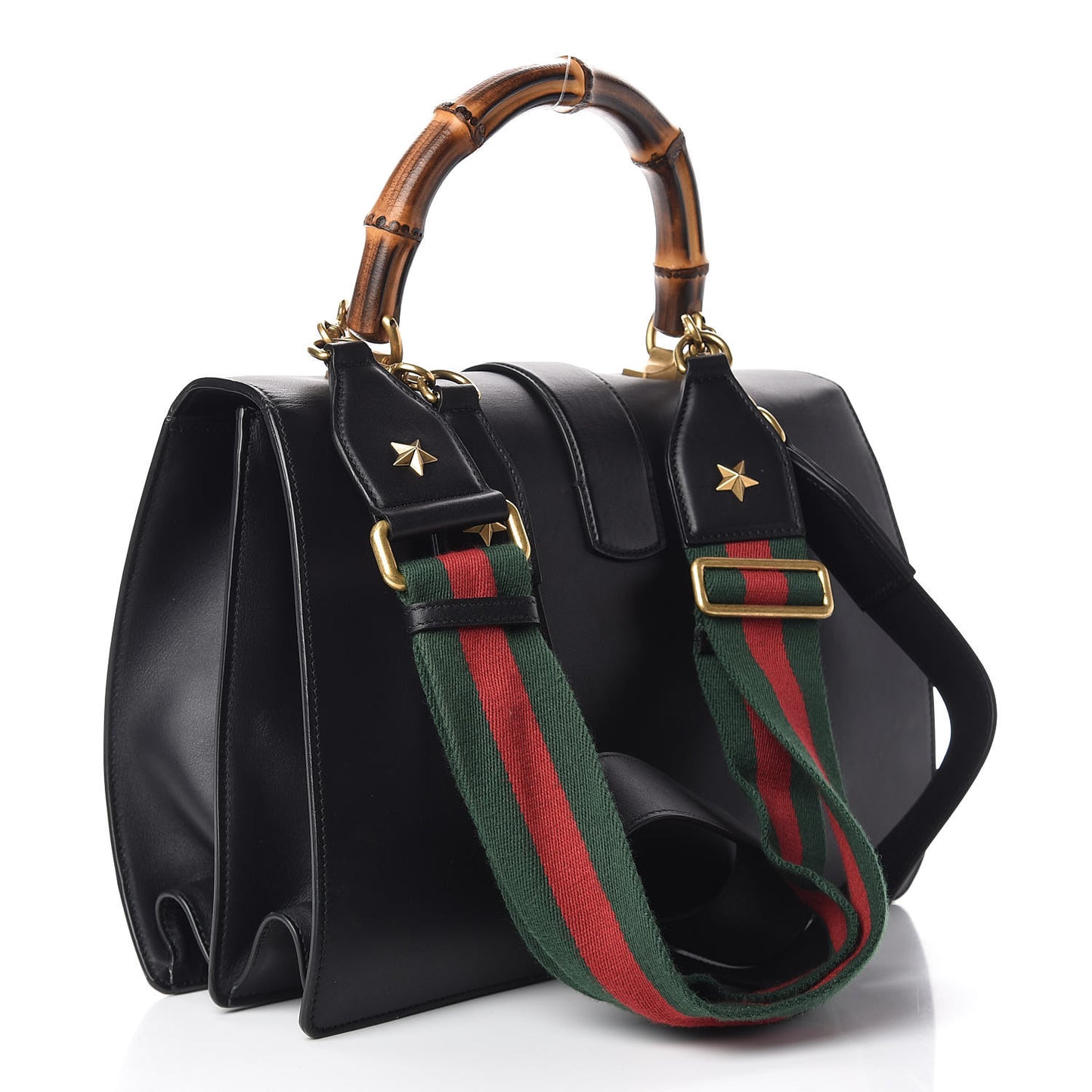 Calfskin Bamboo Web Large Dionysus Top Handle Bag Black Bright Evergreen Hibiscus Red
