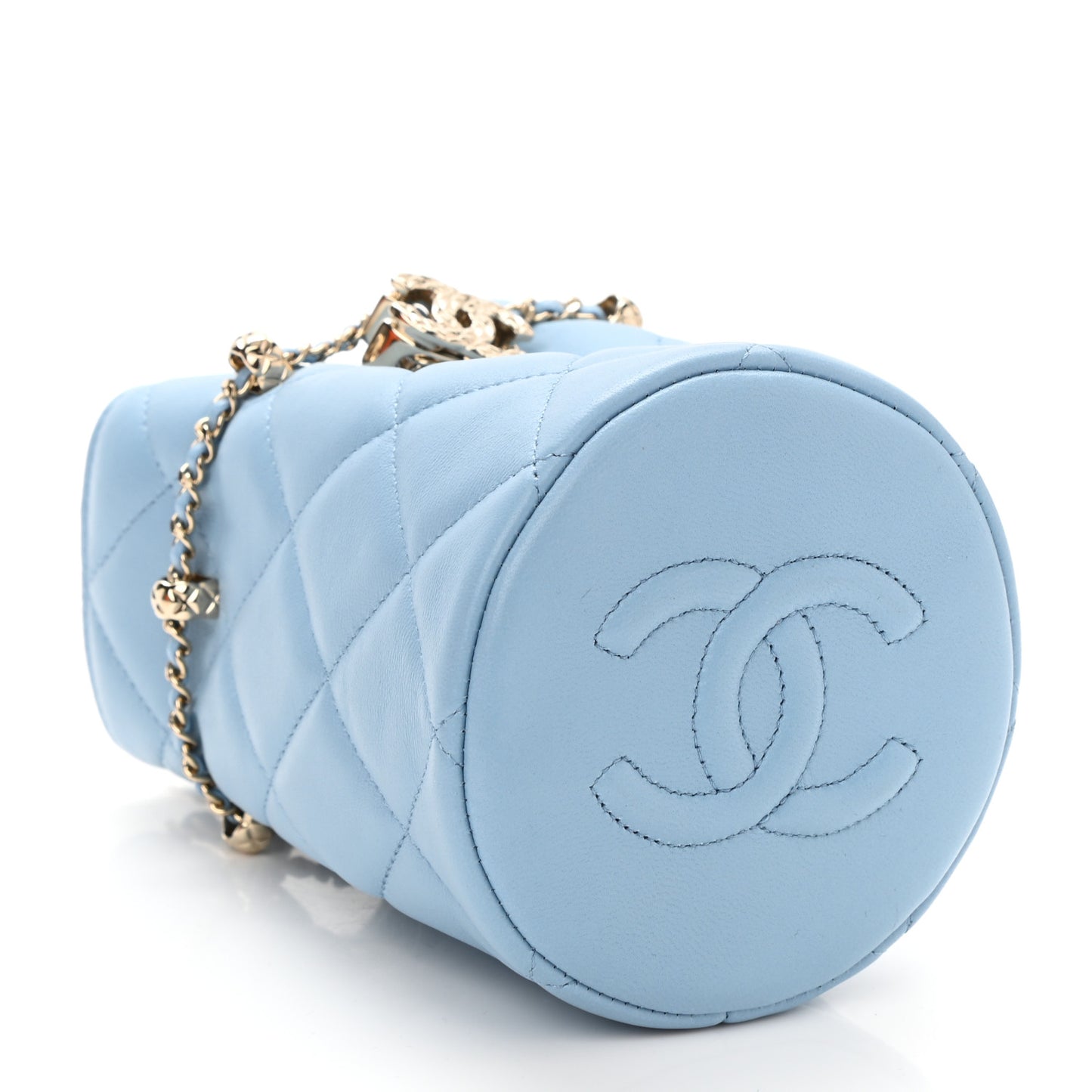 Lambskin Quilted Mini Drawstring Bucket Bag With Chain Light Blue