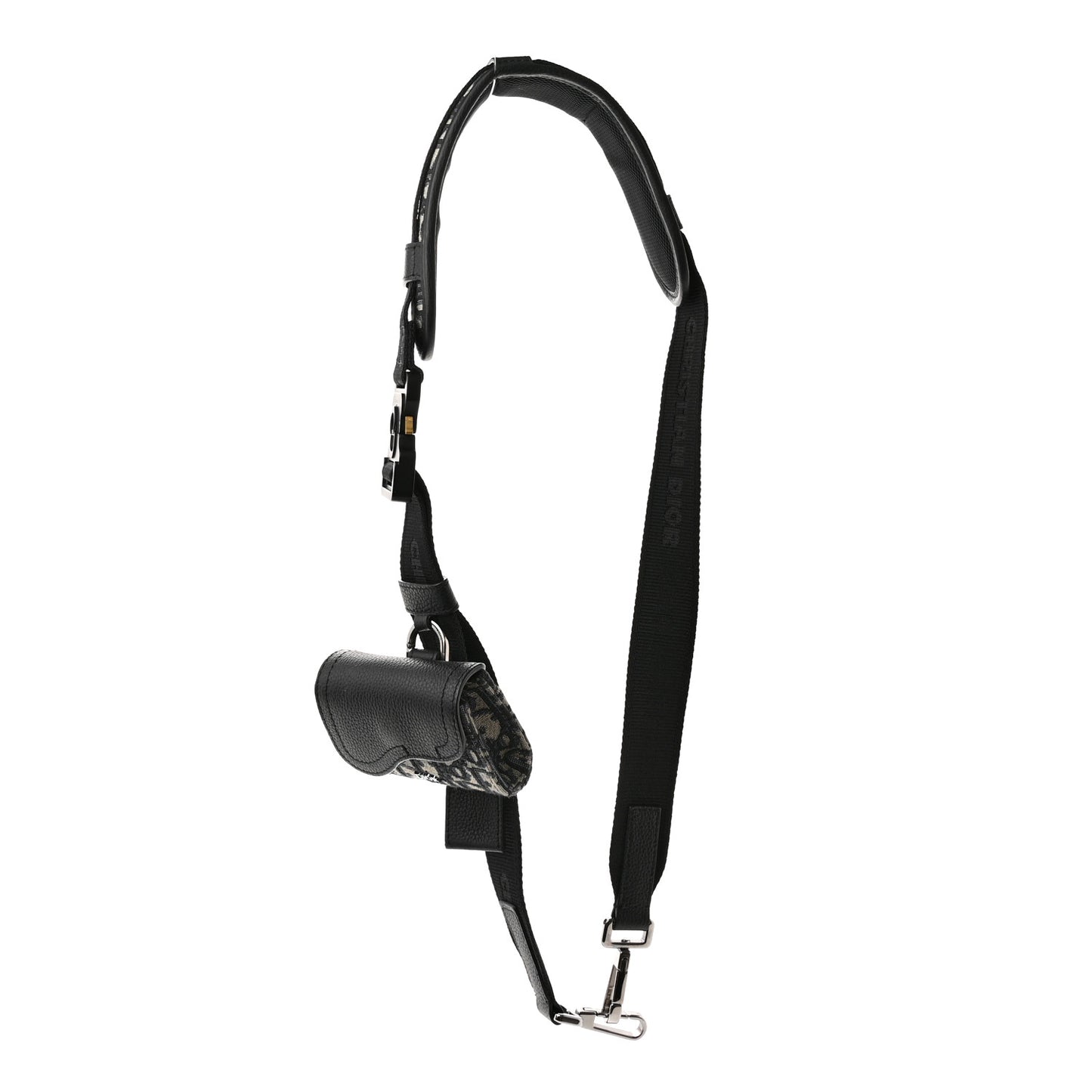 Oblique Grained Calfskin Adjustable Saddle Shoulder Strap With Pouch Black