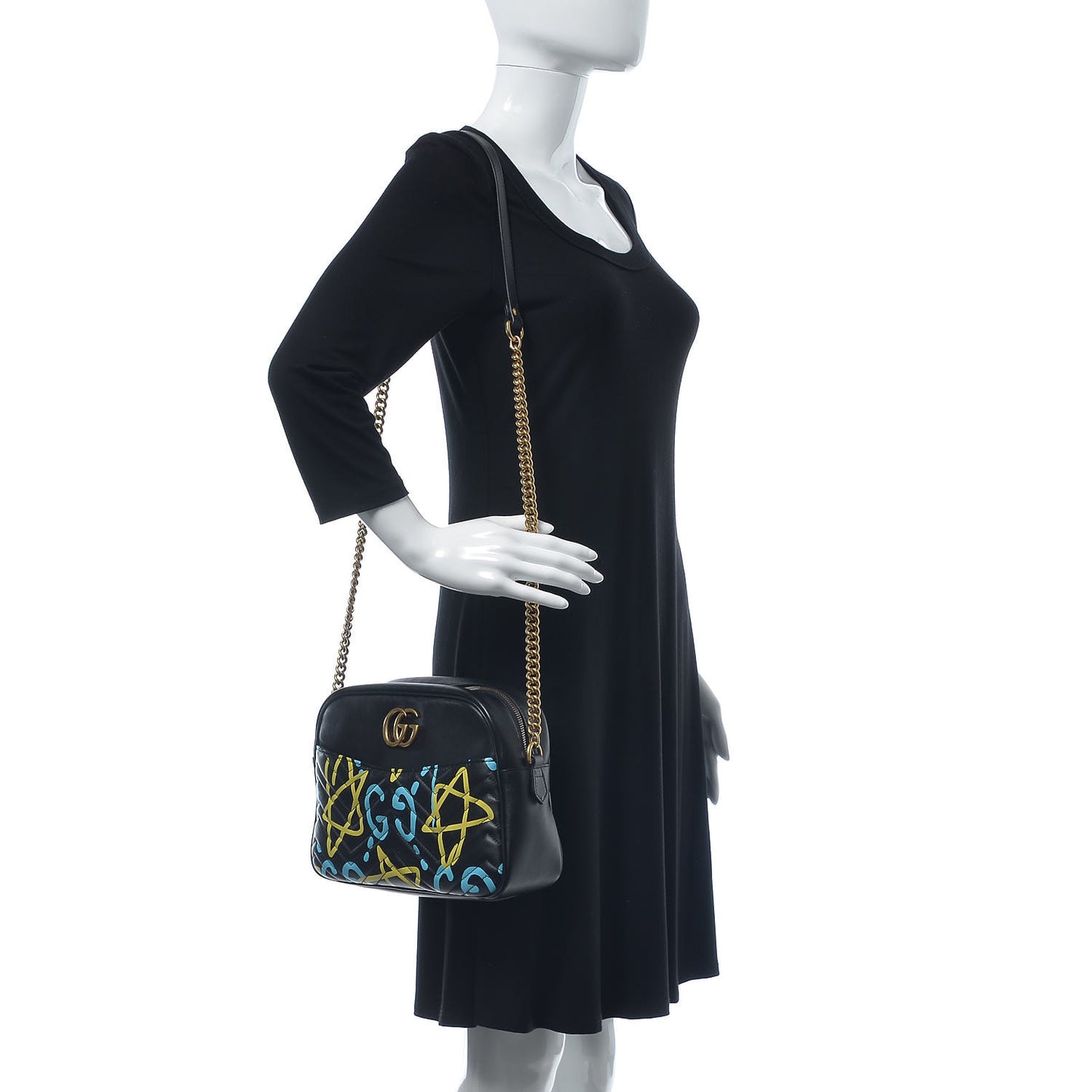 Calfskin Matelasse GucciGhost Medium GG Marmont Chain Shoulder Bag Black New Acquamarine