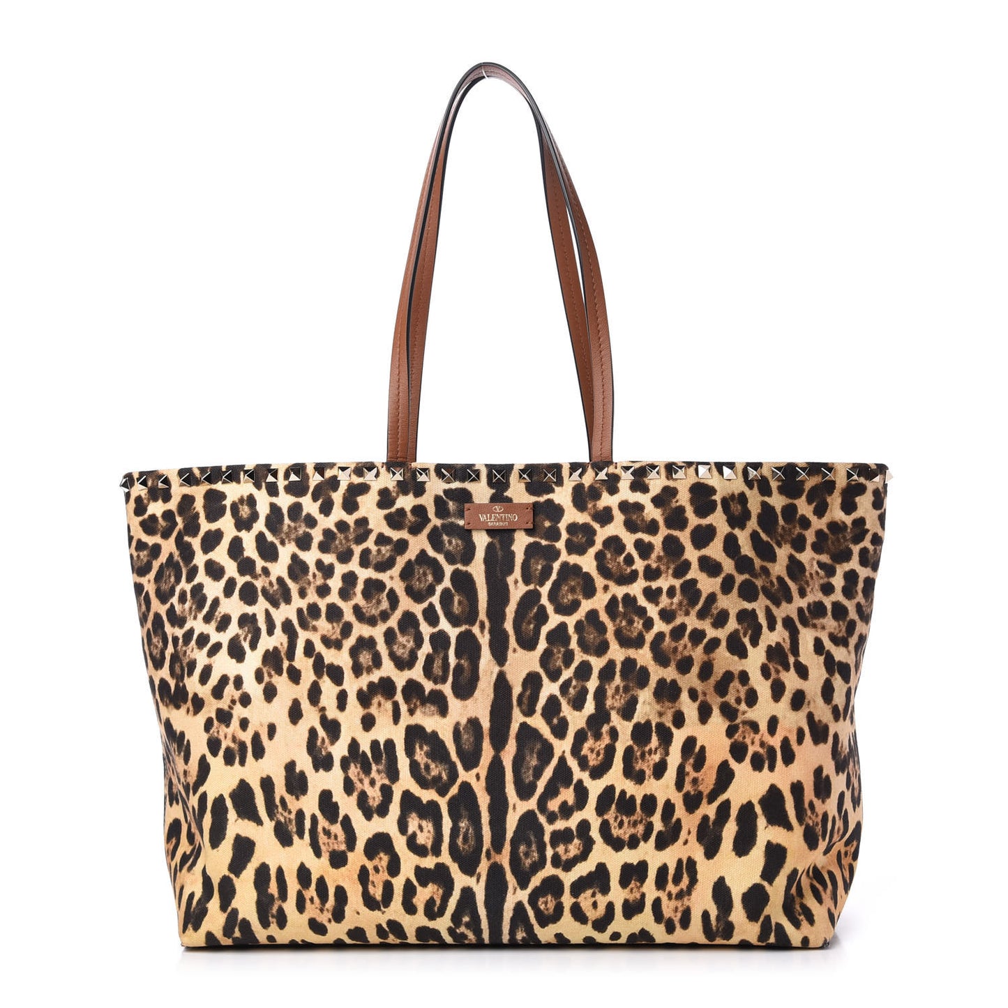 Canvas Nappa Leopard Print Rockstud Tote Brown