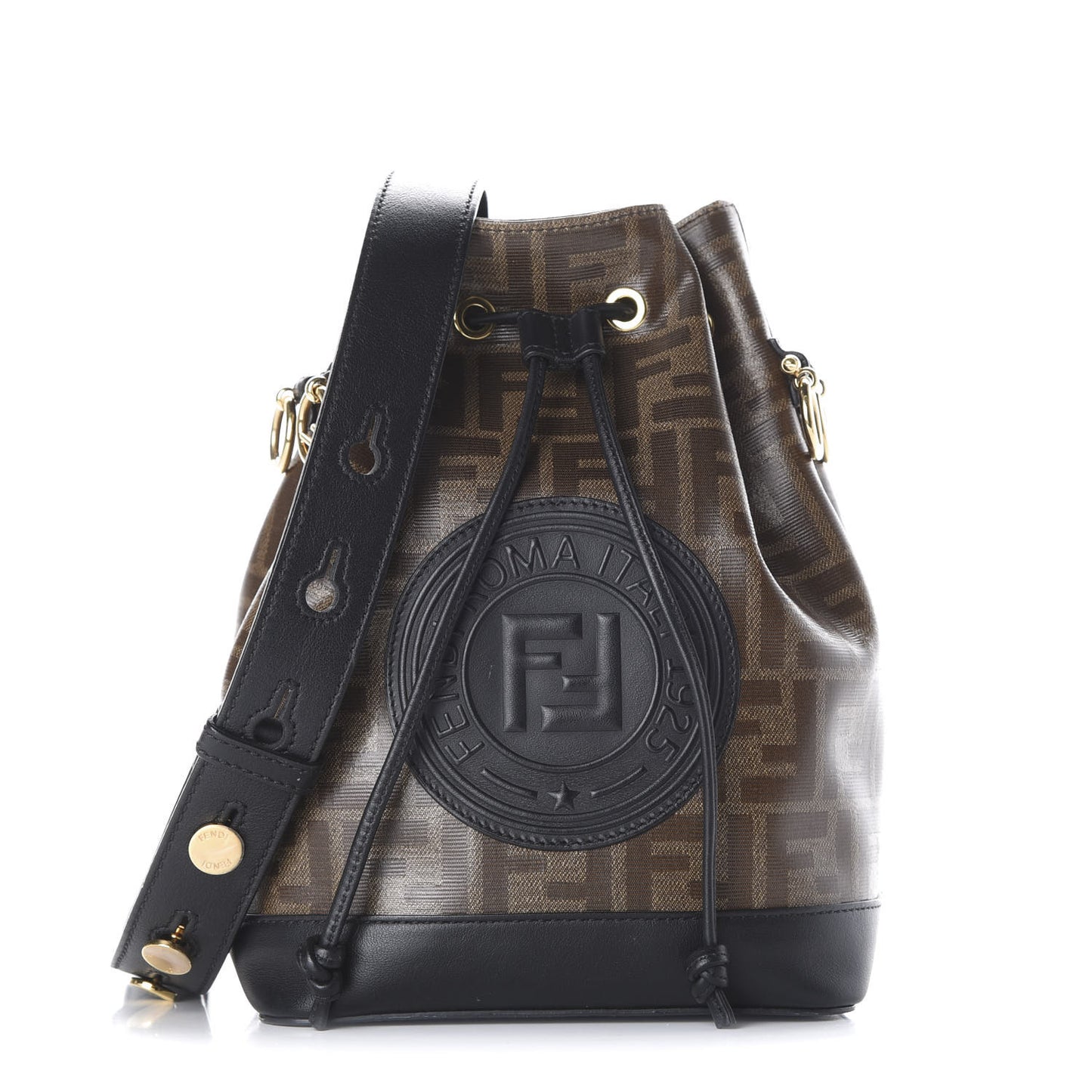 Glazed Fabric Vitello Grace F is Fendi FF 1974 Stamp Patch Grande Mon Tresor Bucket Bag Mogano Panna Black