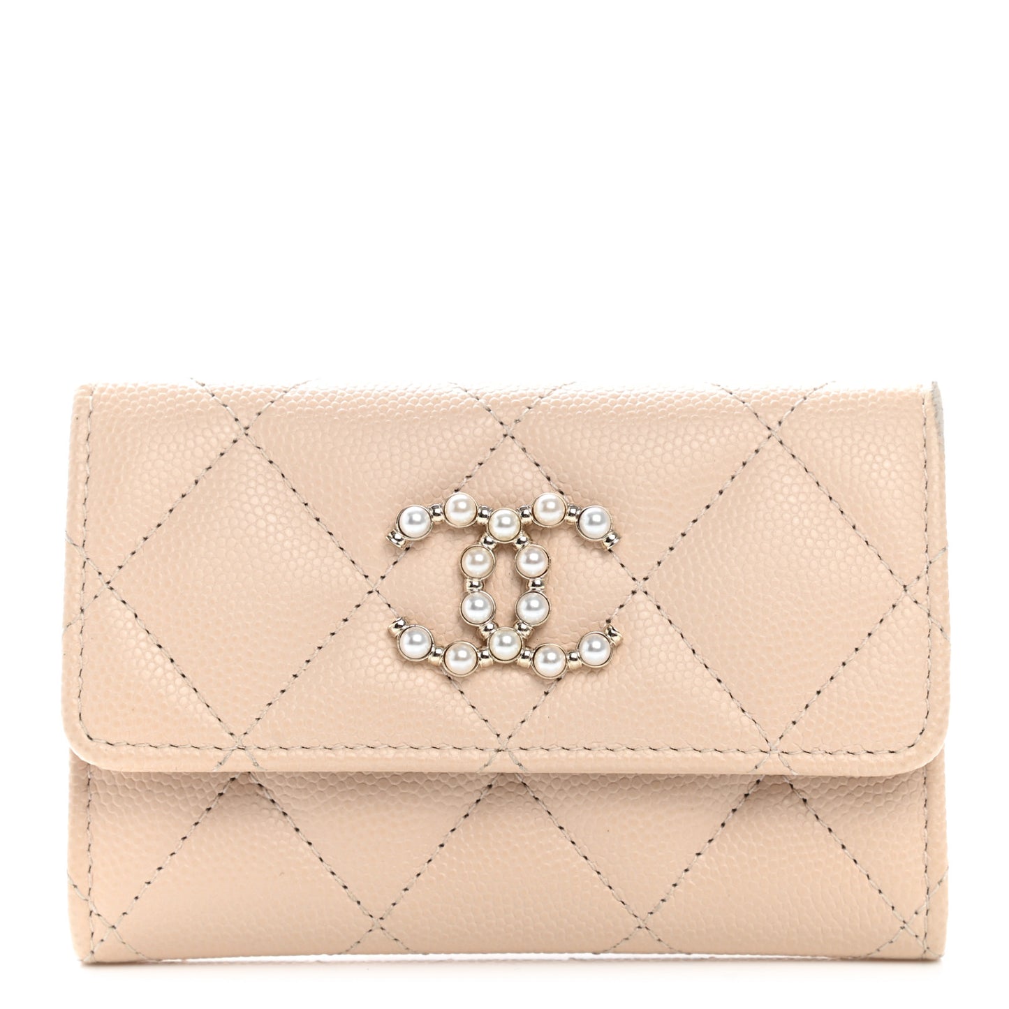 Caviar Pearl Quilted Coco Candy Flap Card Holder Beige
