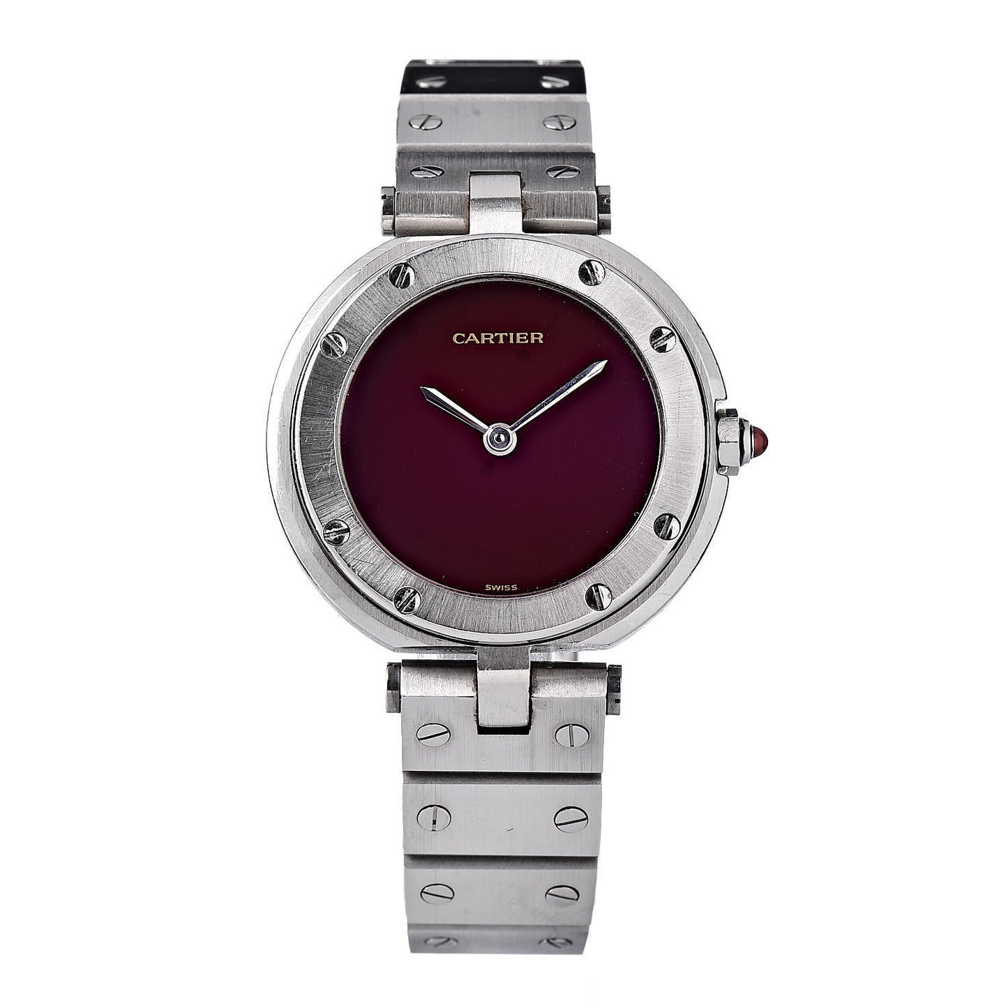 Stainless Steel 27mm Santos Round Quartz Watch Burgundy