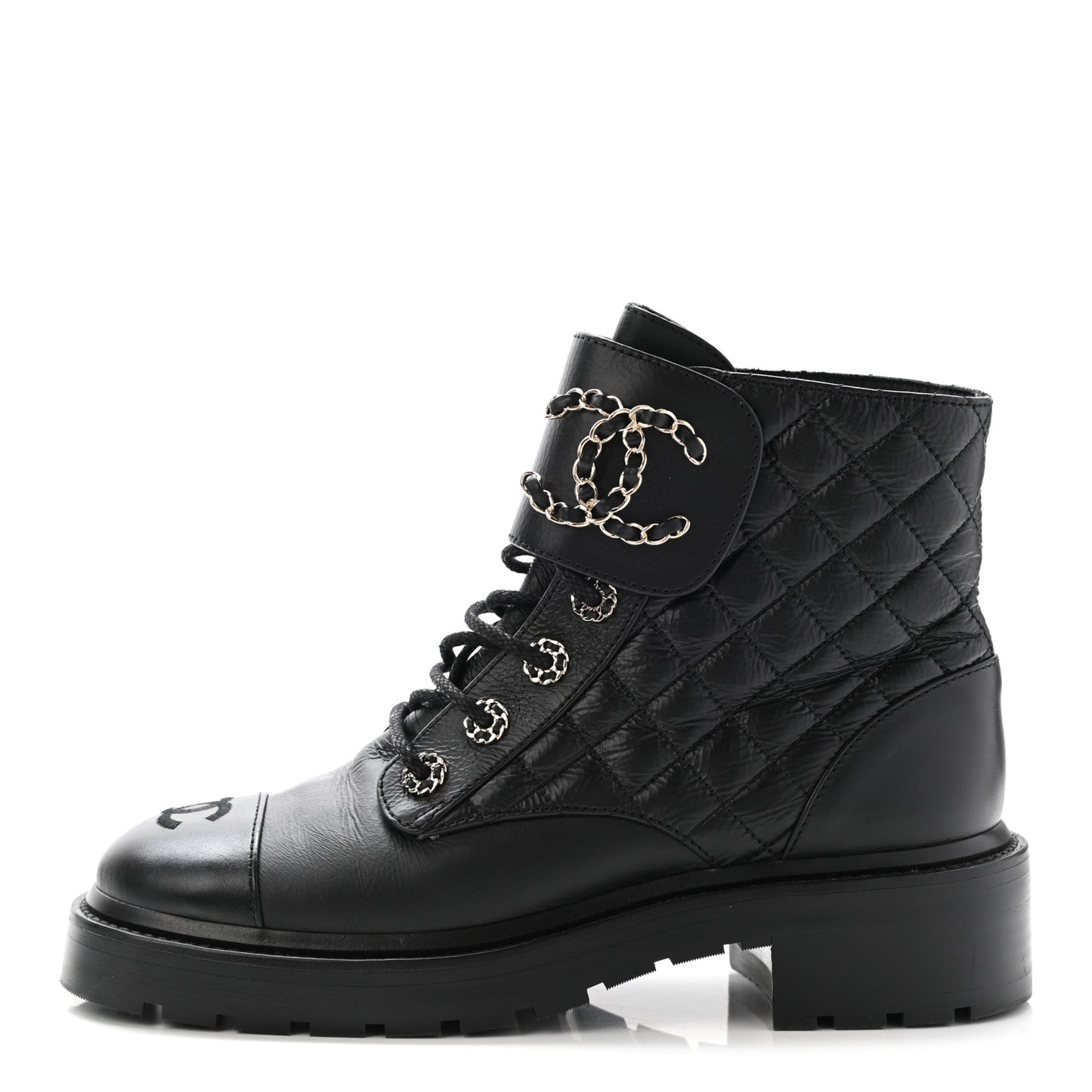 Shiny Goatskin Calfskin Quilted Lace Up Combat Boots 38 Black