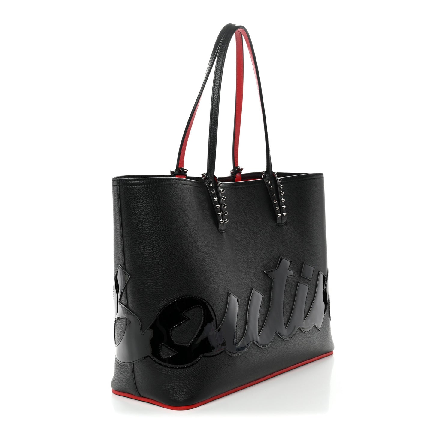 Calfskin Patent Logo Spikes East West Cabata Tote Black