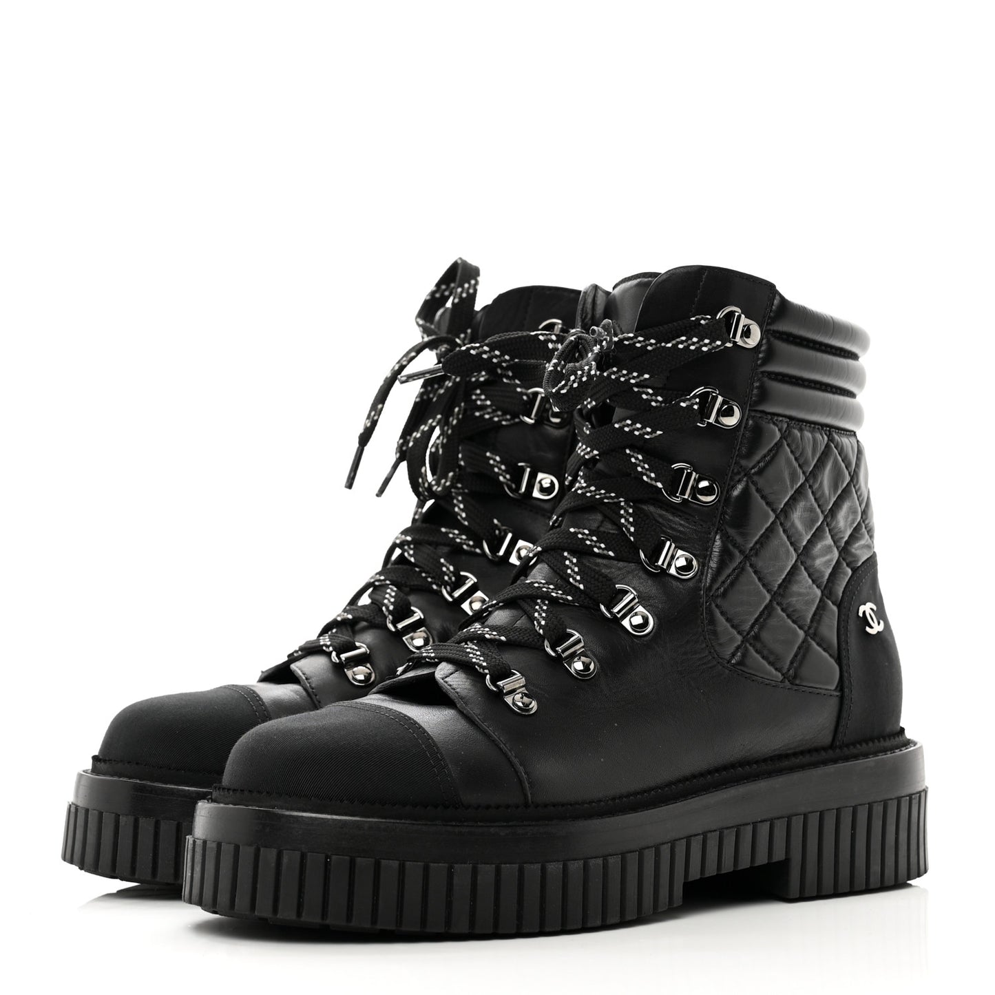 Calfskin Grosgrain Quilted Lace Up Boots 37.5 Black Grey