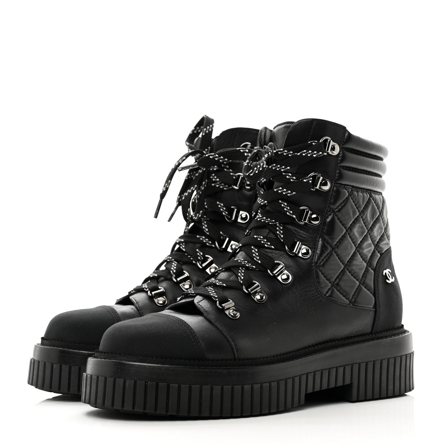 Chanel Calfskin Grosgrain Quilted Lace Up Boots 37.5 Black Grey 3 of 8