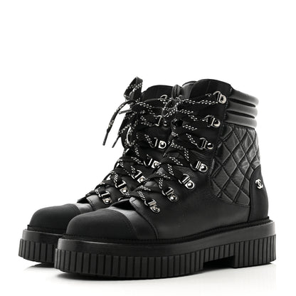 Chanel Calfskin Grosgrain Quilted Lace Up Boots 37.5 Black Grey 3 of 8
