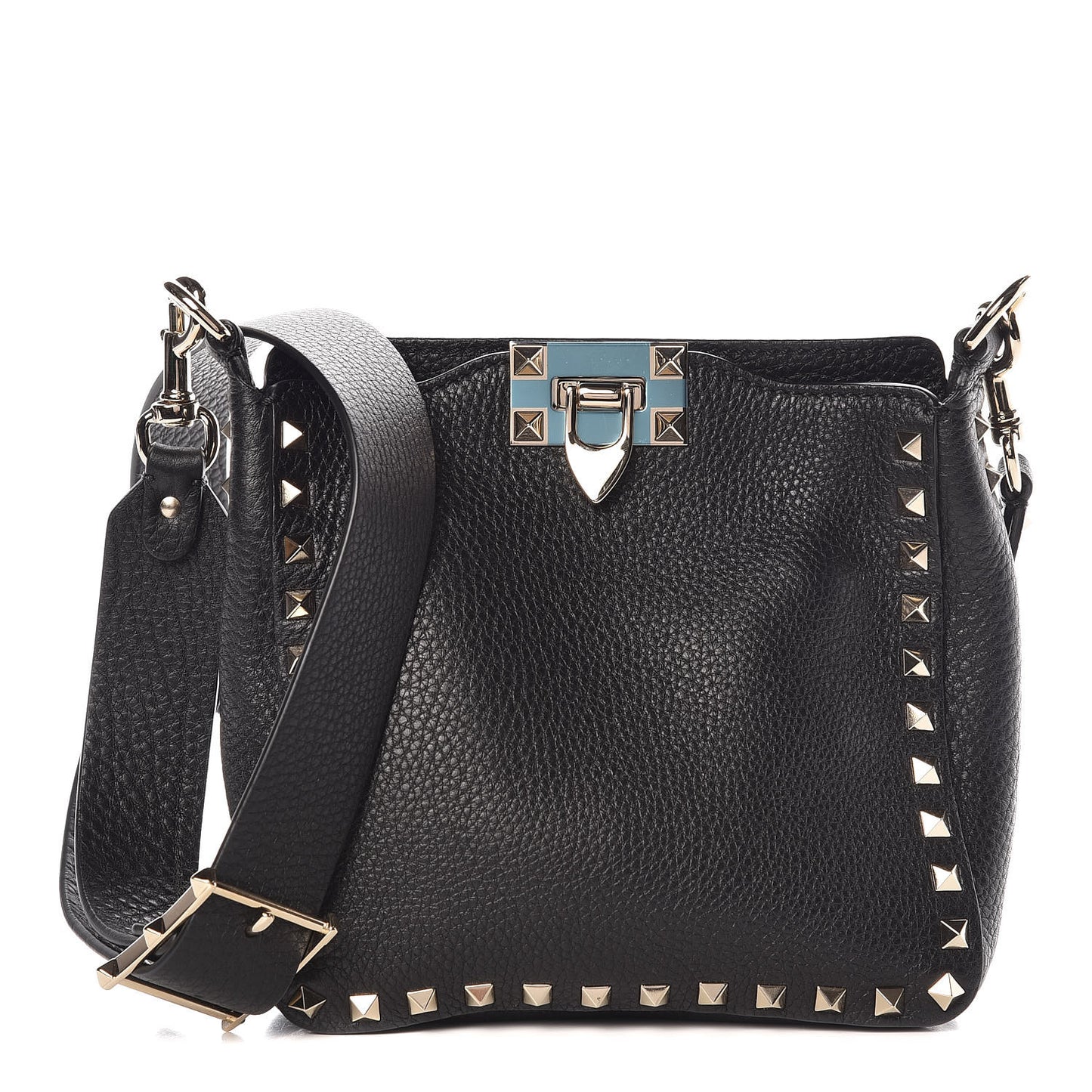 Pebbled Calfskin Mini Rockstud Flip-Lock Messenger Bag Black