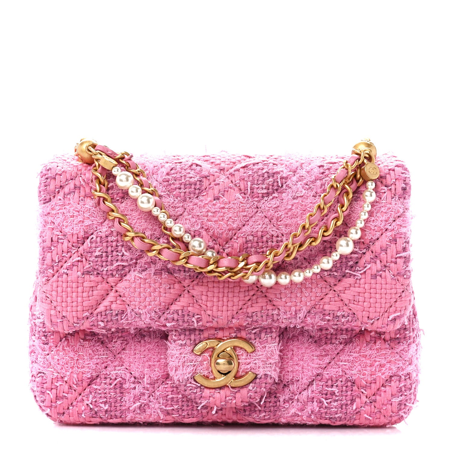Chanel Tweed Quilted Pearl Twist Mini Square Flap Pink Dark Pink 1 of 11