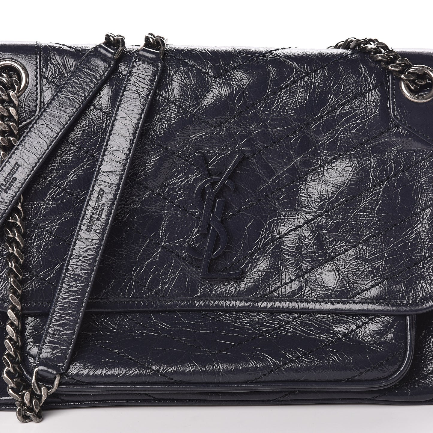 Crinkled Calfskin Matelasse Medium Niki Chain Satchel Deep Marine