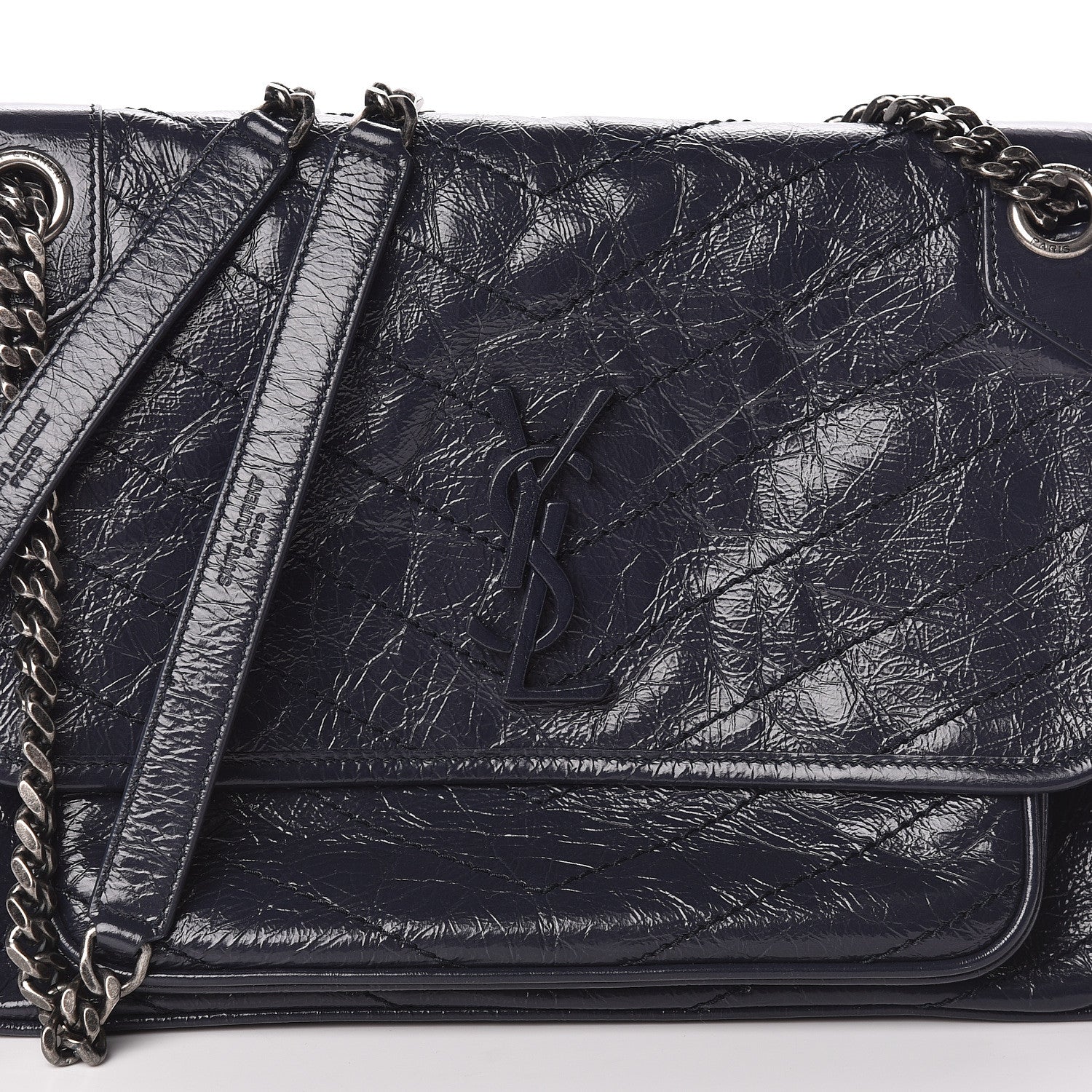 Saint Laurent Crinkled Calfskin Matelasse Medium Niki Chain Satchel Deep Marine 7 of 9