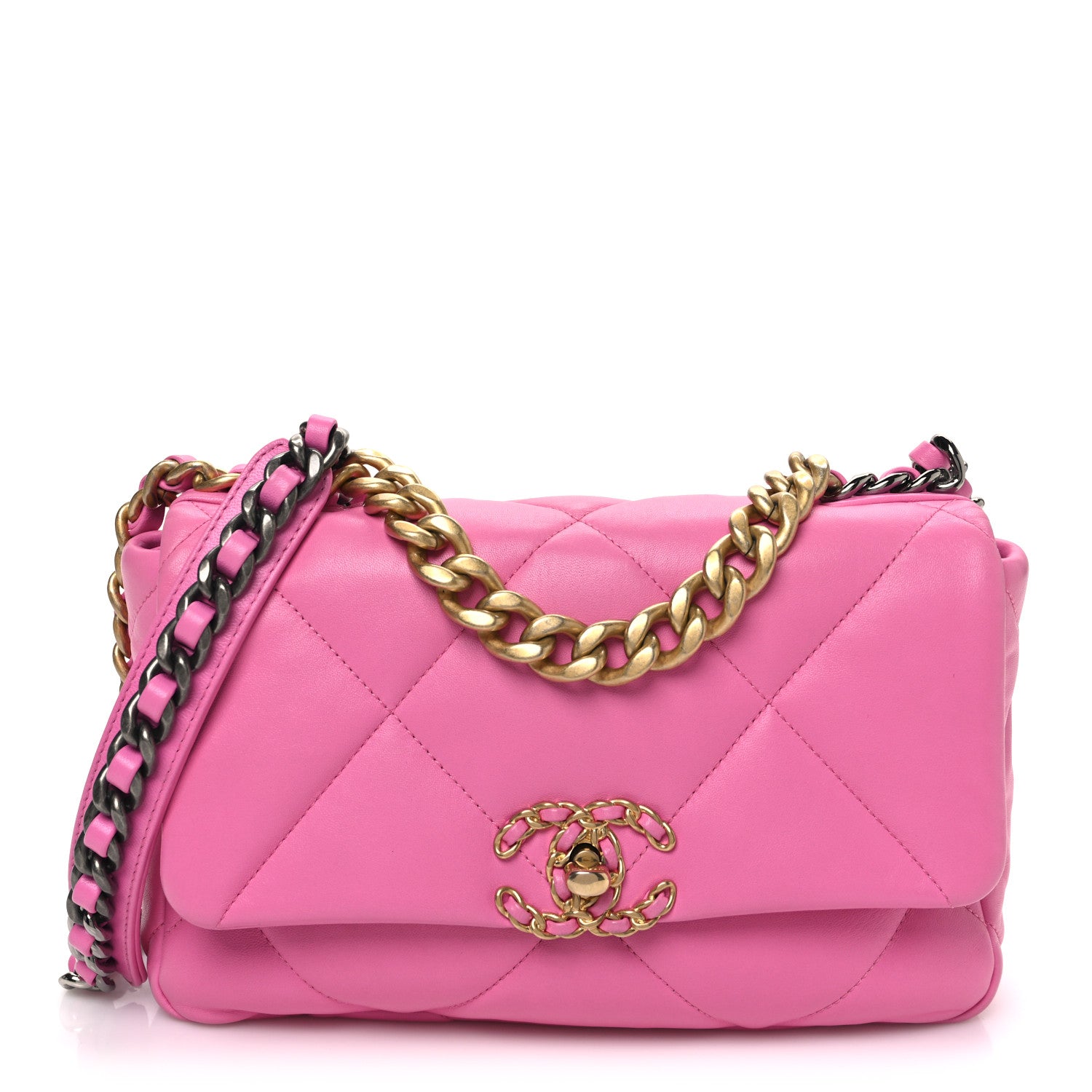 Chanel Shiny Lambskin Quilted Medium Chanel 19 Flap Neon Pink 1 of 11