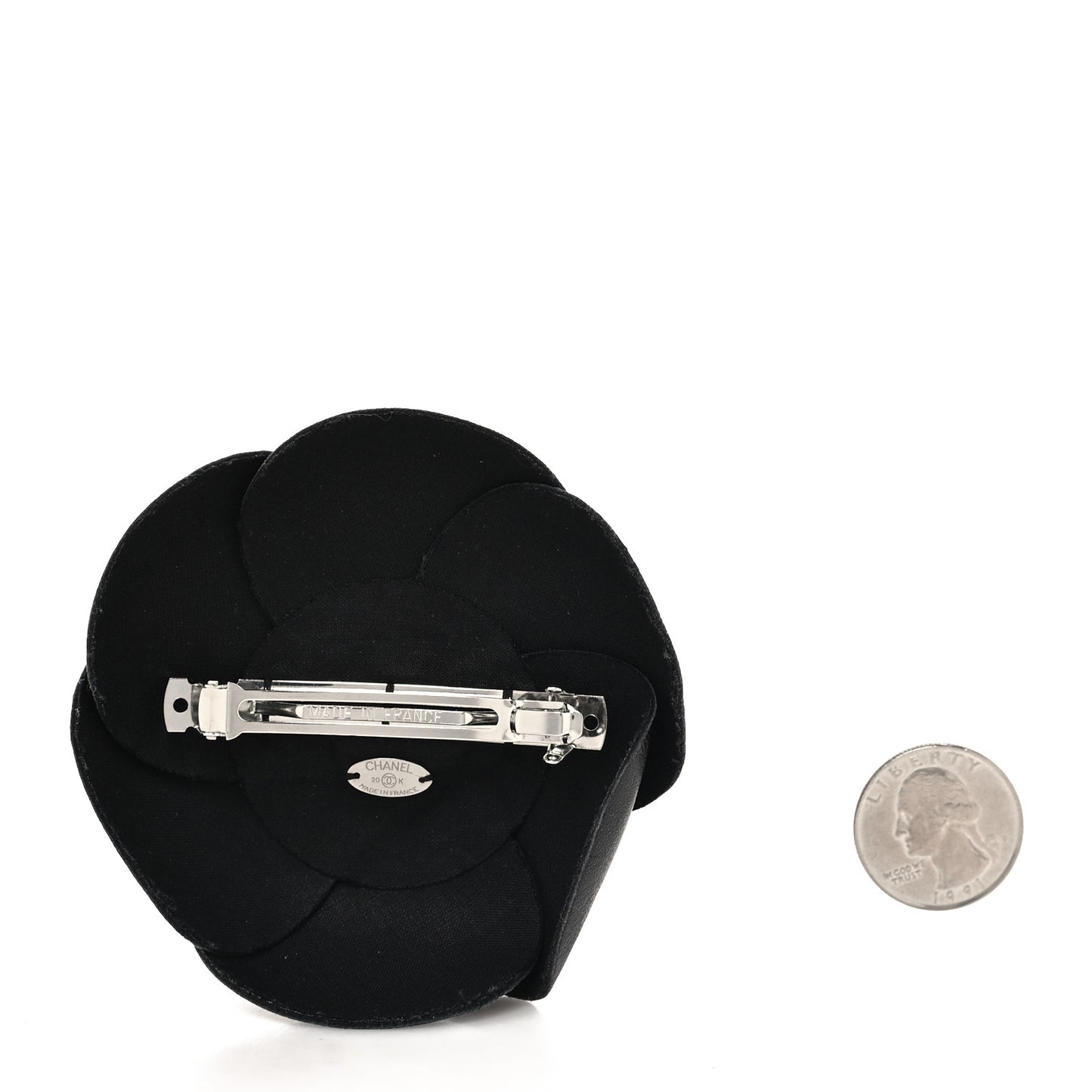 Lambskin Crystal Camellia CC Barrette Hair Clip Black