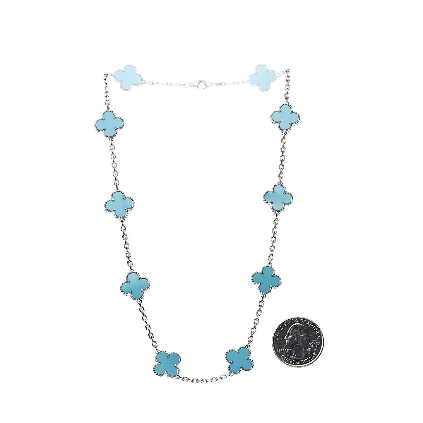 18K White Gold Turquoise 10 Motifs Vintage Alhambra Necklace