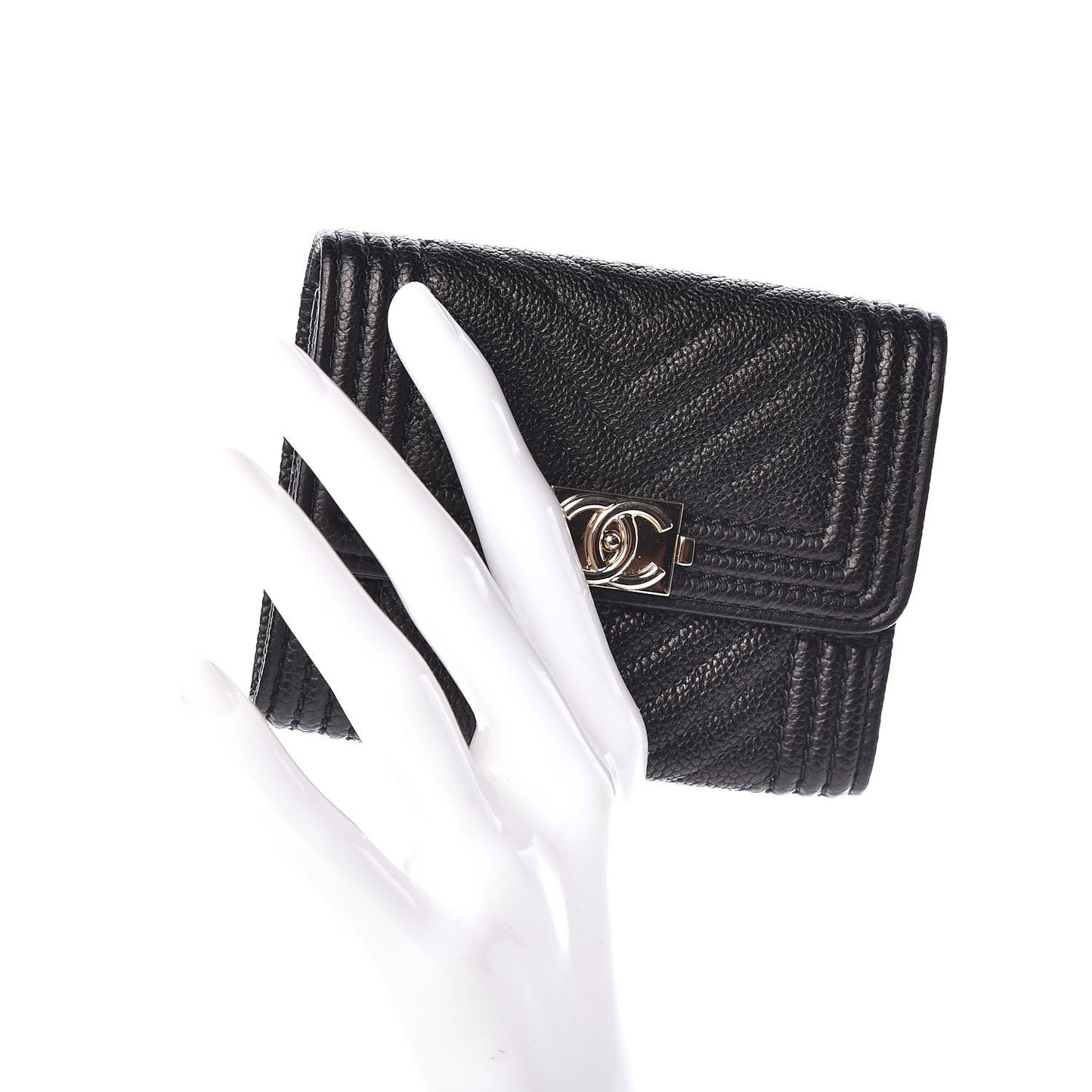 Caviar Chevron Quilted Boy Card Holder Wallet Black
