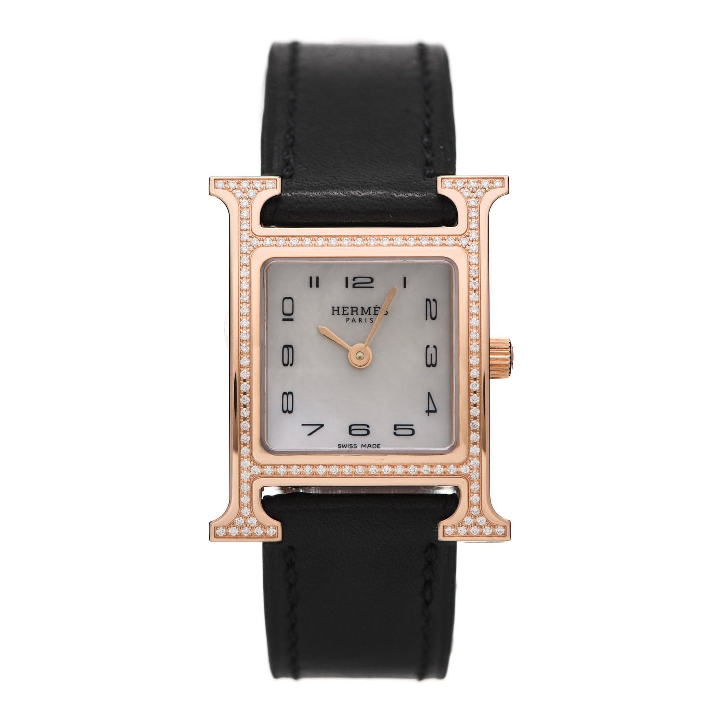 18K Rose Gold Barenia Diamond Bezel Mother of Pearl 21mm Heure H Hour Quartz Watch Noir