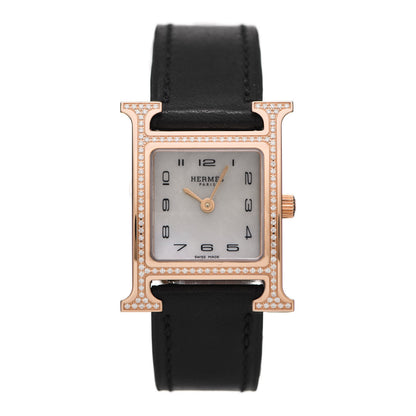 Hermes 18K Rose Gold Barenia Diamond Bezel Mother of Pearl 21mm Heure H Hour Quartz Watch Noir 1 of 5