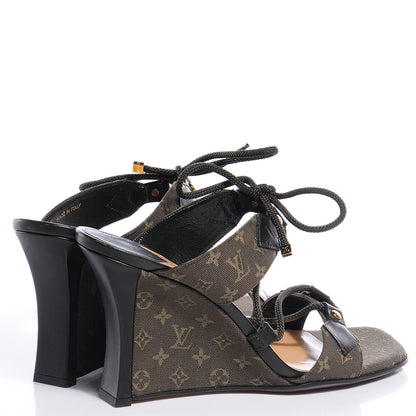 Louis Vuitton Mini Monogram Lace Up Wedge Sandals Kaki 39 4 of 8