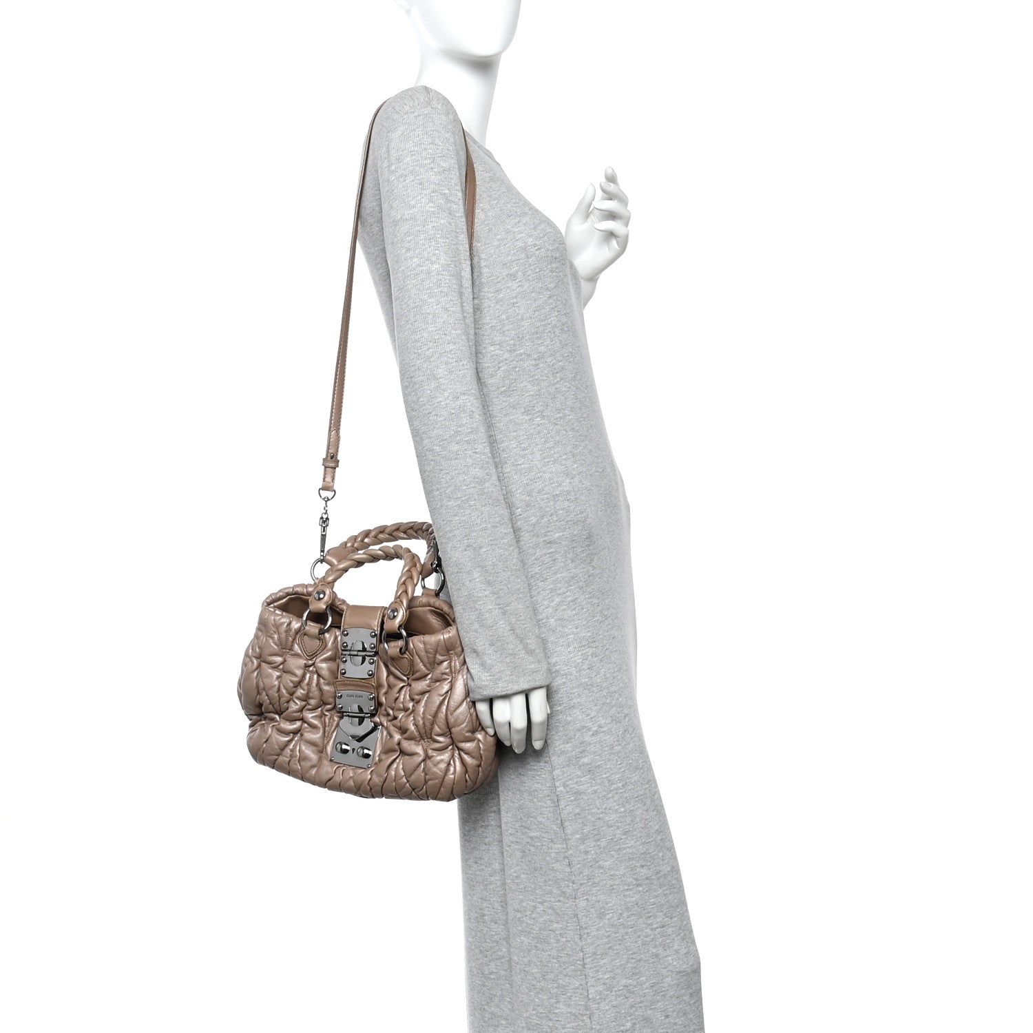 Miu Miu Metallic Nappa Matelasse Top Handle Satchel Cammeo 2 of 18
