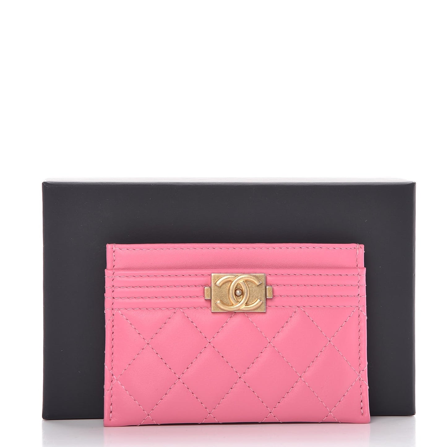 Lambskin Quilted Boy Card Holder Pink