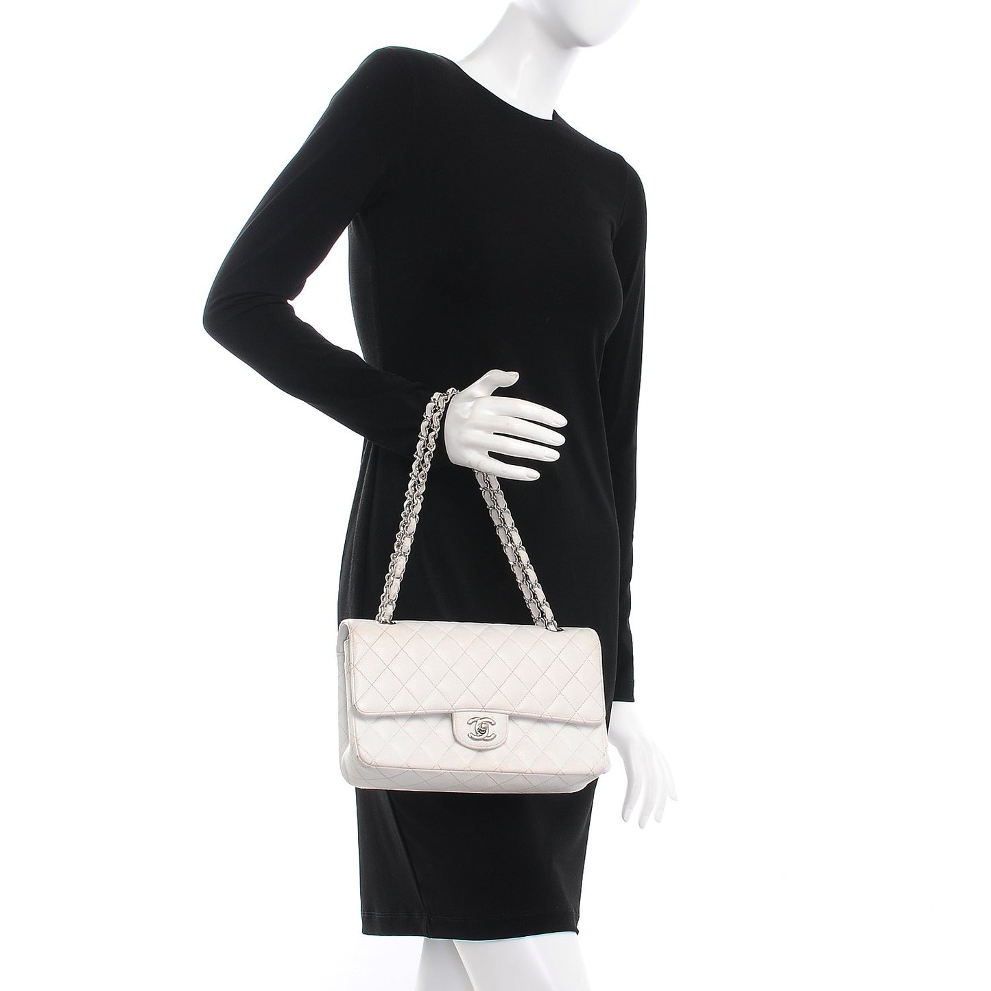 Caviar Quilted Medium Double Flap White