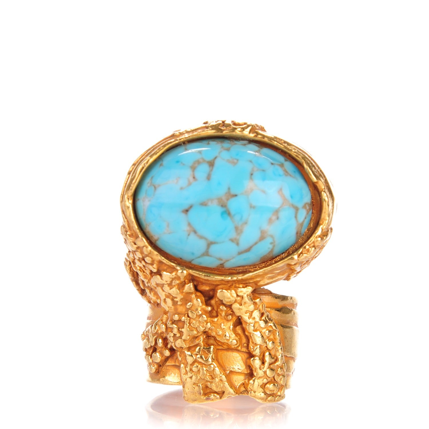 Saint Laurent Glass Cabochon Arty Ovale Ring 7 Gold Turquoise 1 of 3
