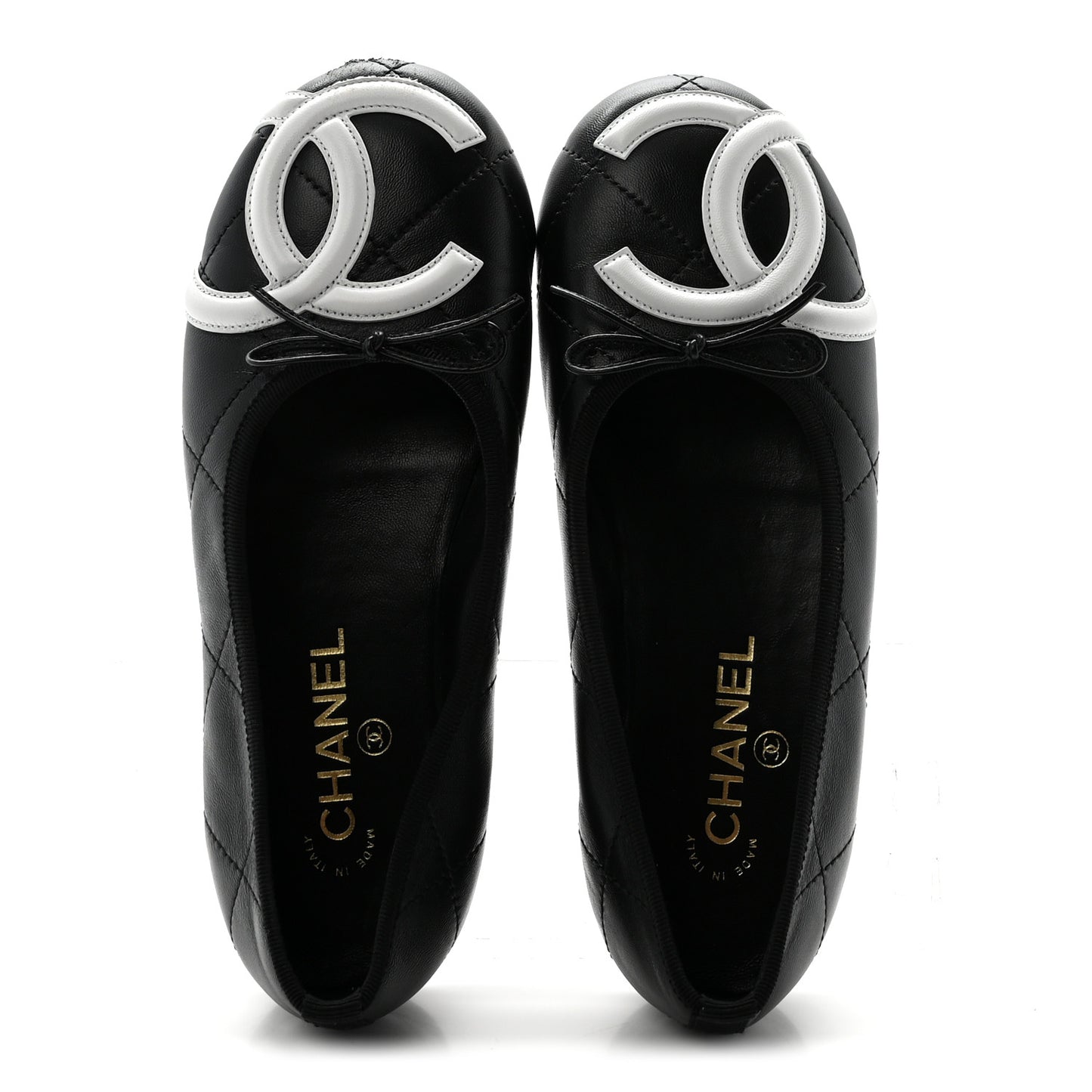 Lambskin Quilted CC Cambon Ballet Flats 38 Black White