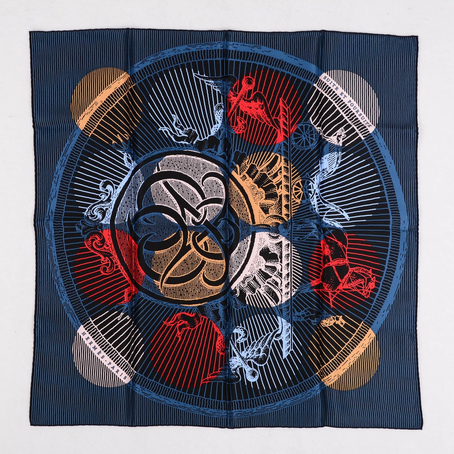 Hermes Silk Suite et Poursuite Scarf 70 Bleu Noir Rouge 2 of 6