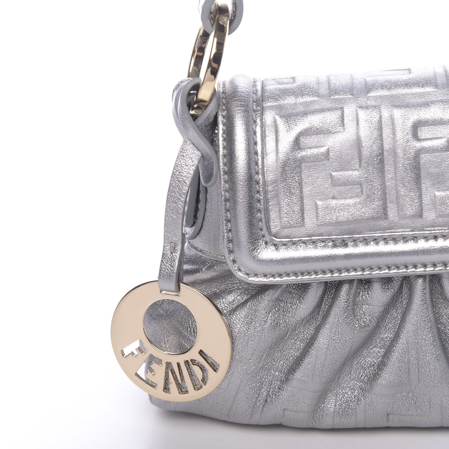 Fendi Metallic Calfskin FF Embossed Mini Chef Shoulder Bag Argento 10 of 11
