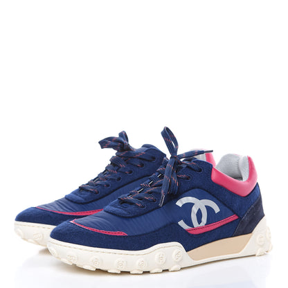 Chanel Wool Nylon Lambskin Suede Calfskin Womens Logo Sneakers 35.5 Navy Pink 3 of 9