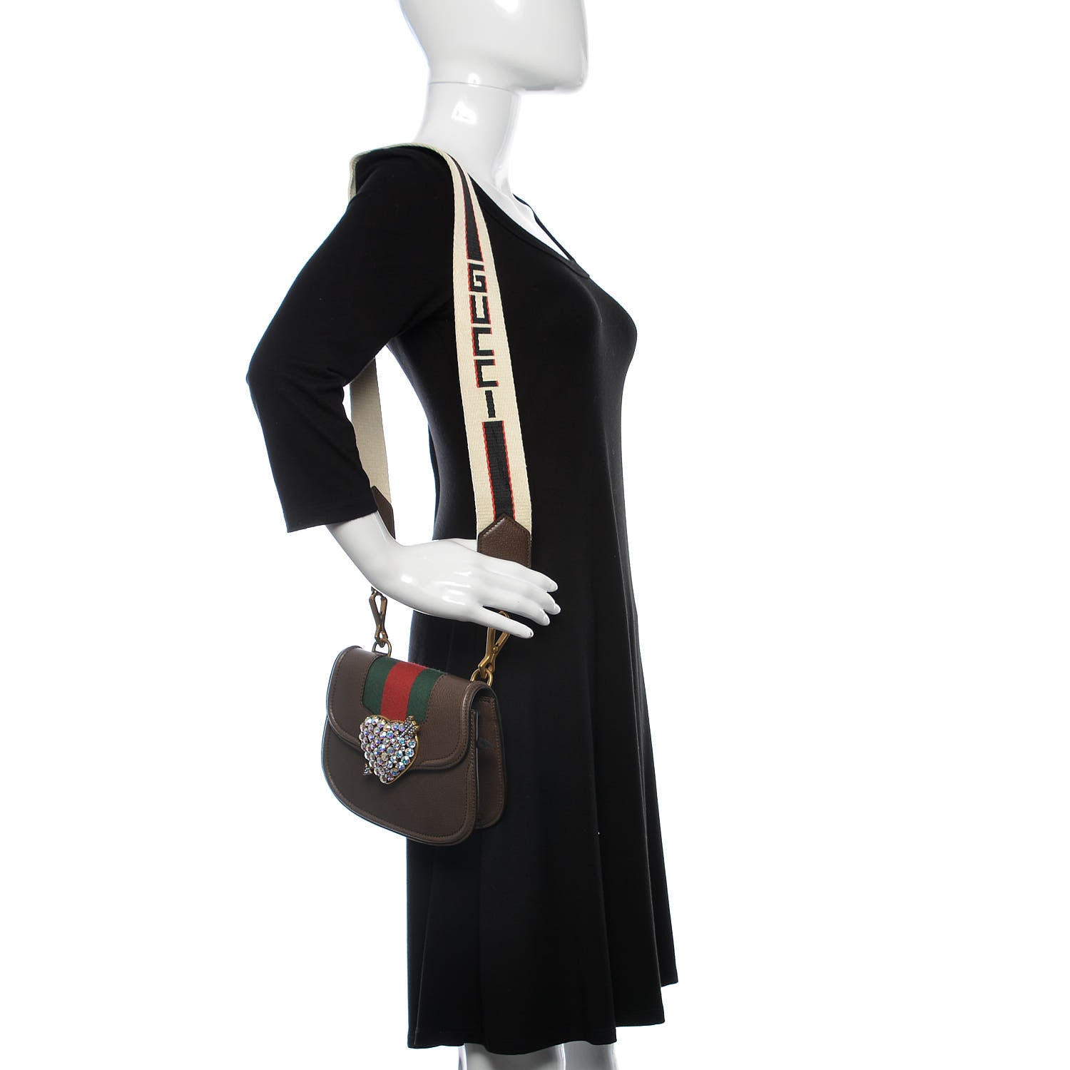 Gucci Textured Calfskin Web Crystal Heart Stripe Small Totem Shoulder Bag New Acero 2 of 12