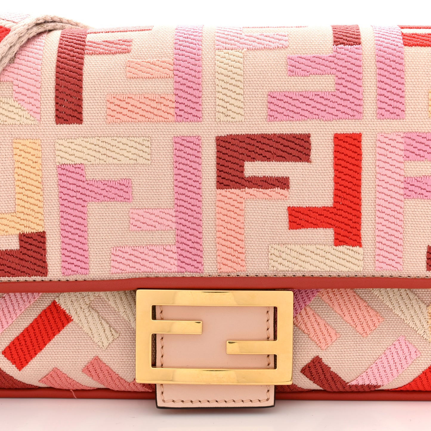 Canvas Vitello King FF Embroidered Baguette Rosa Quarzo Bloody Mary Multicolor