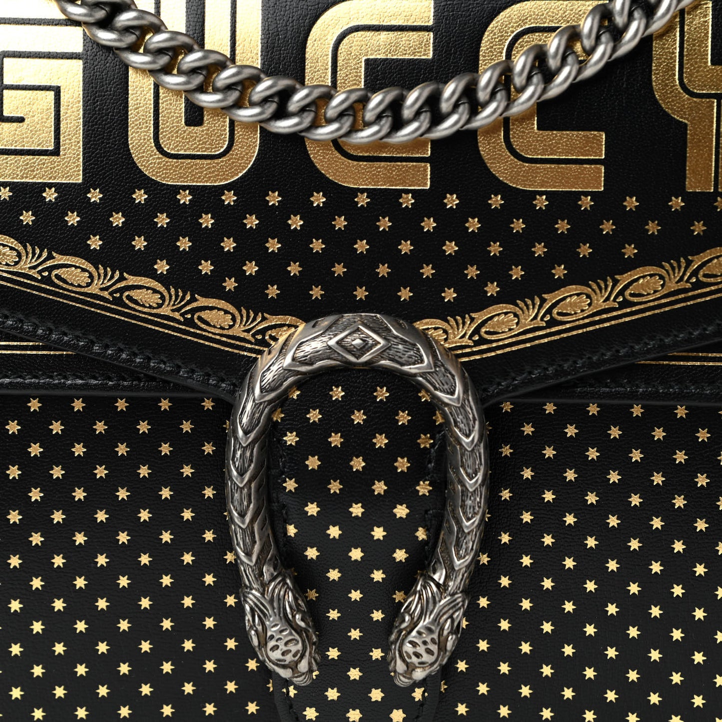 X SEGA Calfskin GUCCY Stars Medium Dionysus Shoulder Bag Black Gold
