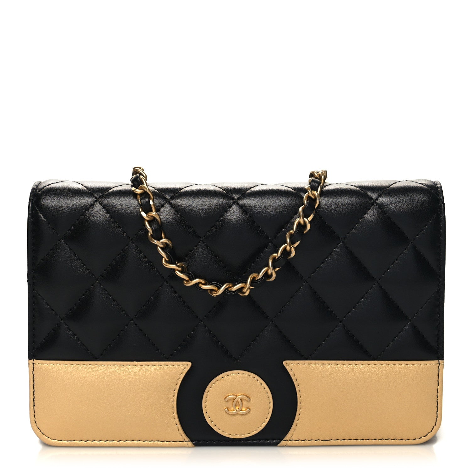 Chanel Lambskin Quilted Wallet On Chain WOC Black Beige 1 of 12