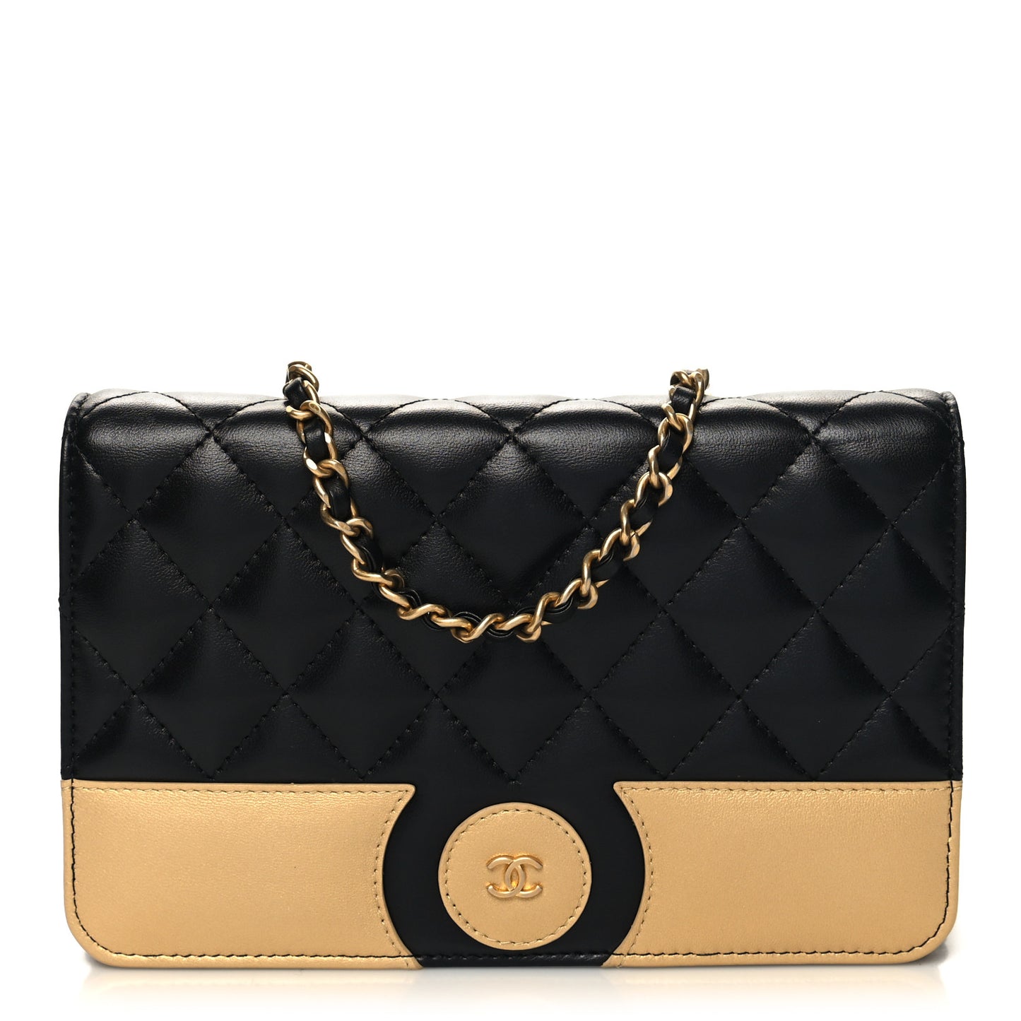 Lambskin Quilted Wallet On Chain WOC Black Gold