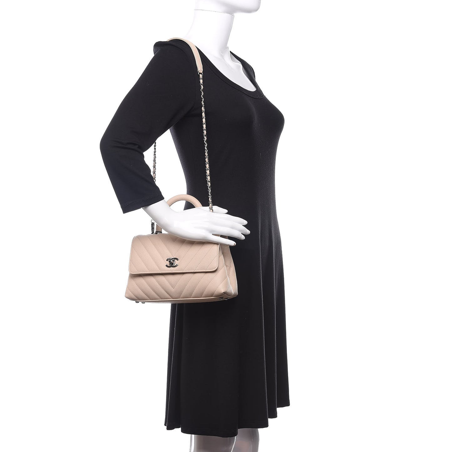 Caviar Chevron Quilted Mini Coco Handle Flap Beige