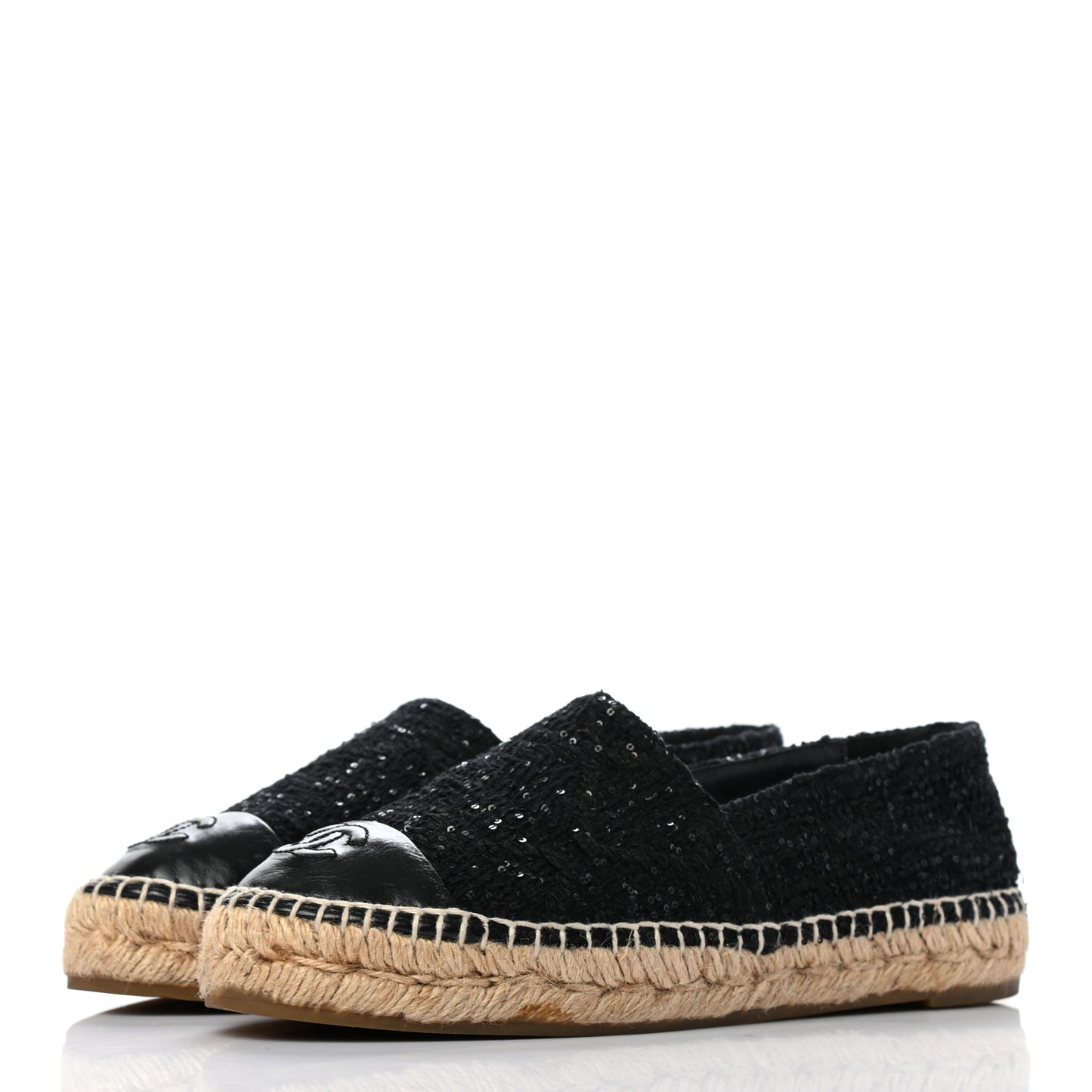 Tweed Patent Goatskin Sequin CC Espadrilles 36 Black