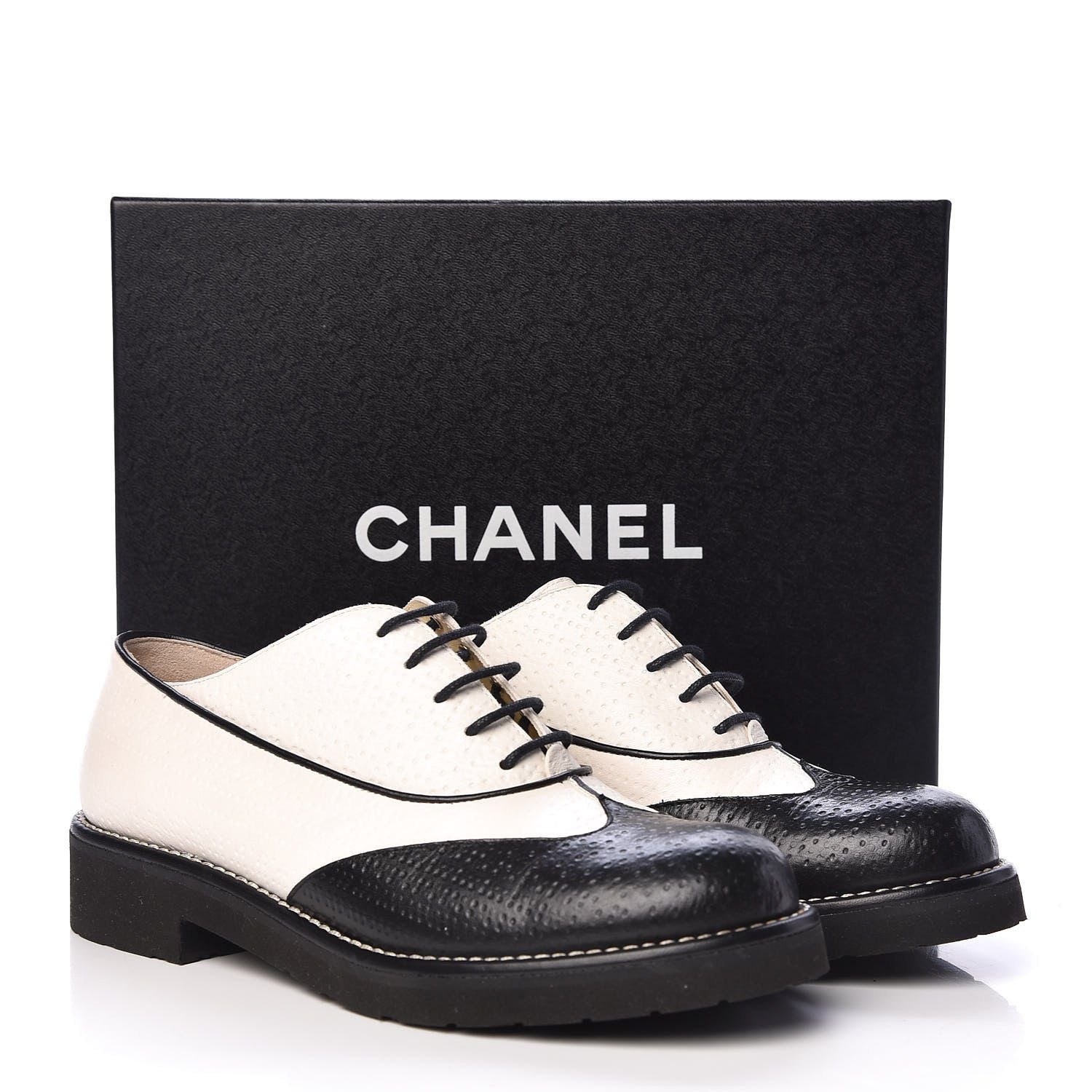 Chanel Calfskin Embossed Lace Up Oxfords 36.5 White Black 9 of 9