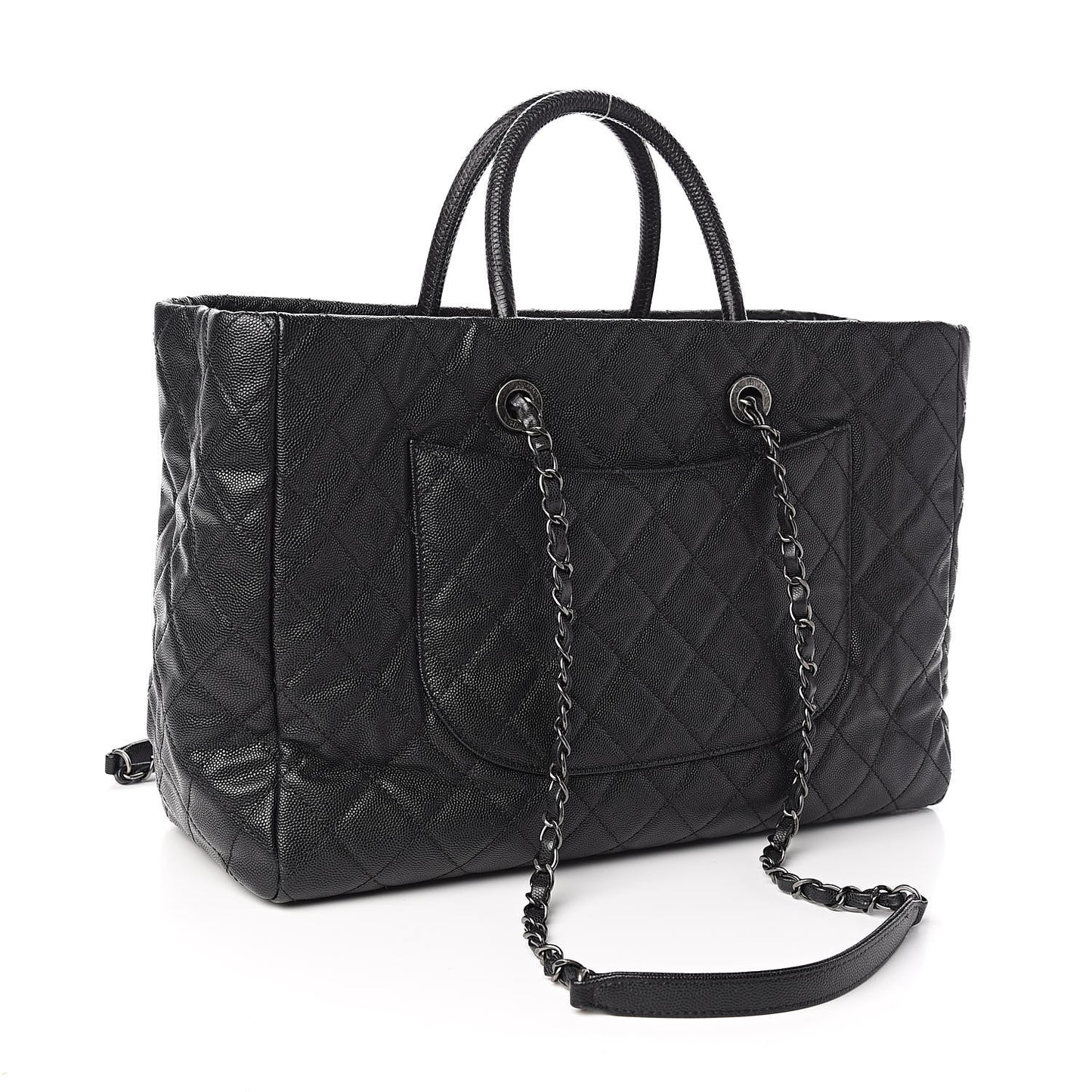 Caviar Lizard Quilted Large Coco Handle Shopping Tote Black