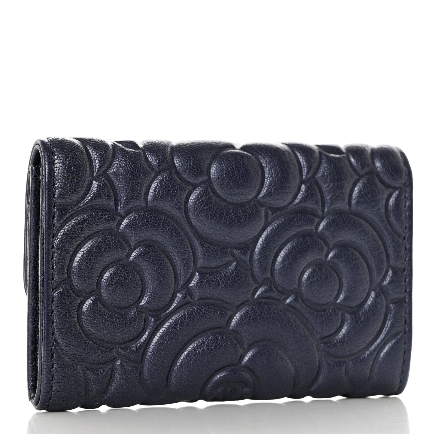Goatskin Camellia Embossed Flap Card Holder Wallet Dark Blue
