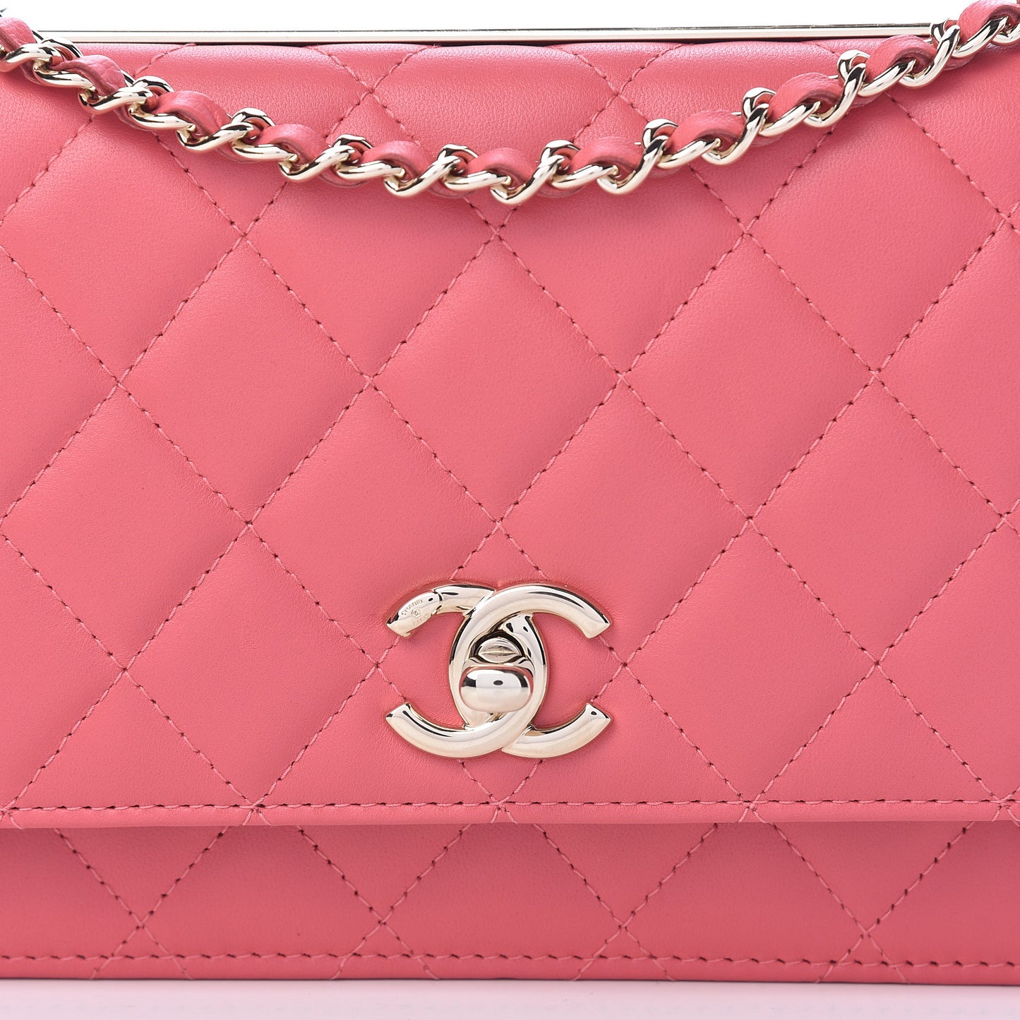 Lambskin Quilted Trendy CC Wallet On Chain WOC Bright Pink