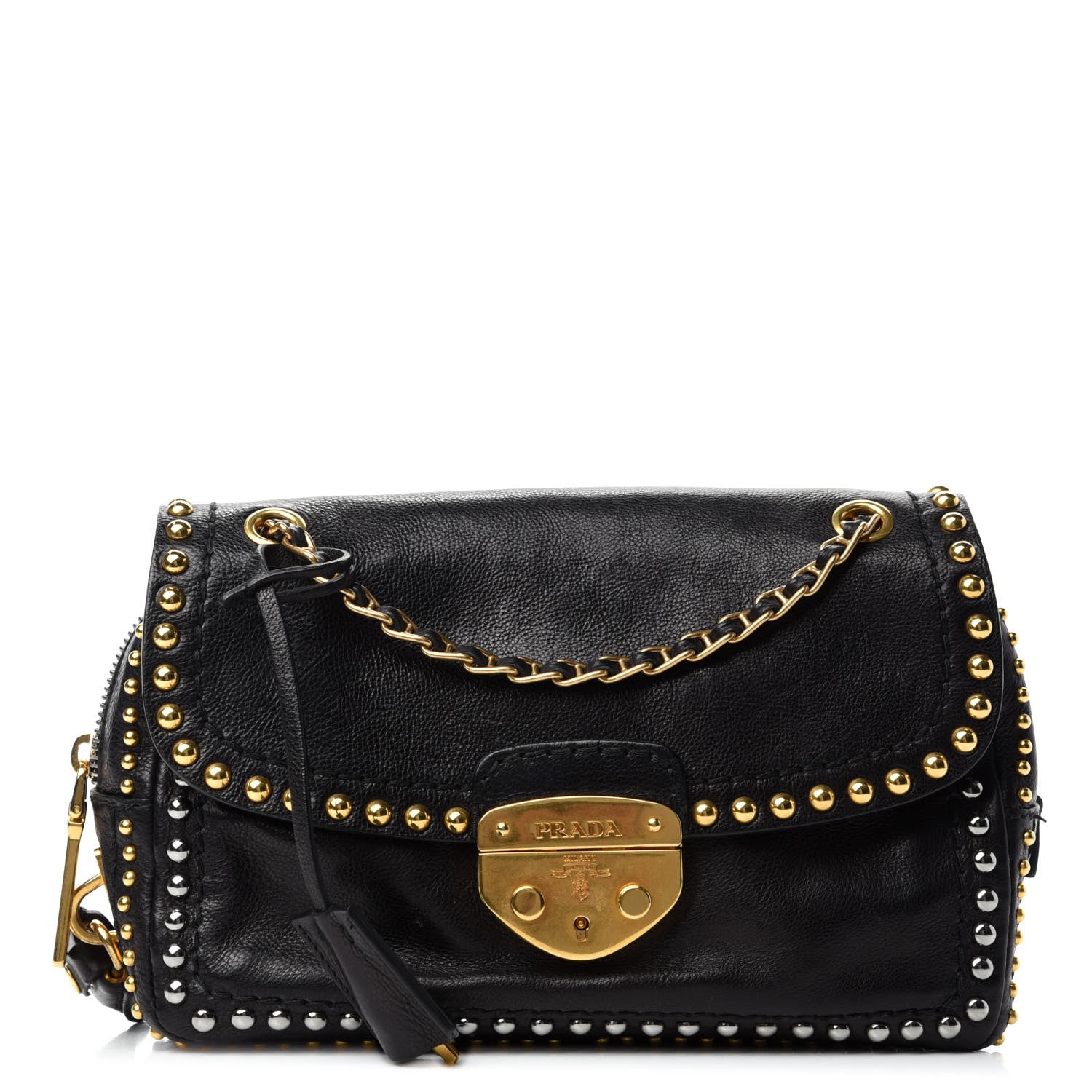 Prada Glace Calf Studded Pushlock Chain Shoulder Bag Black 1 of 11