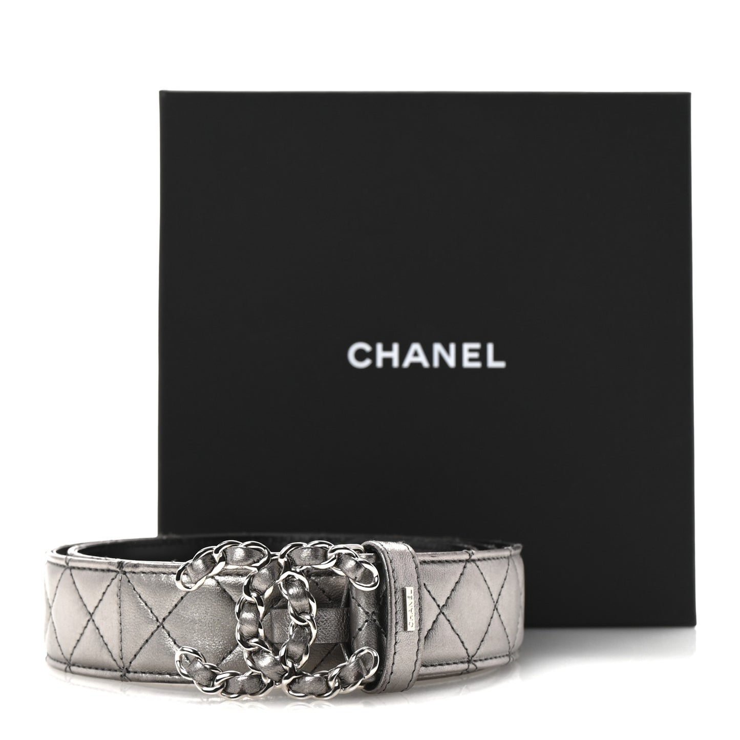 Metallic Calfskin Quilted CC Chain Belt 95 38 Silver
