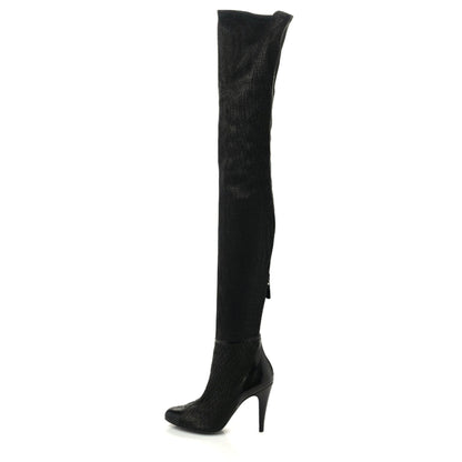 Chanel Calfskin Embossed Snakeskin Cap Toe CC Over The Knee Boots 39 Black 1 of 8
