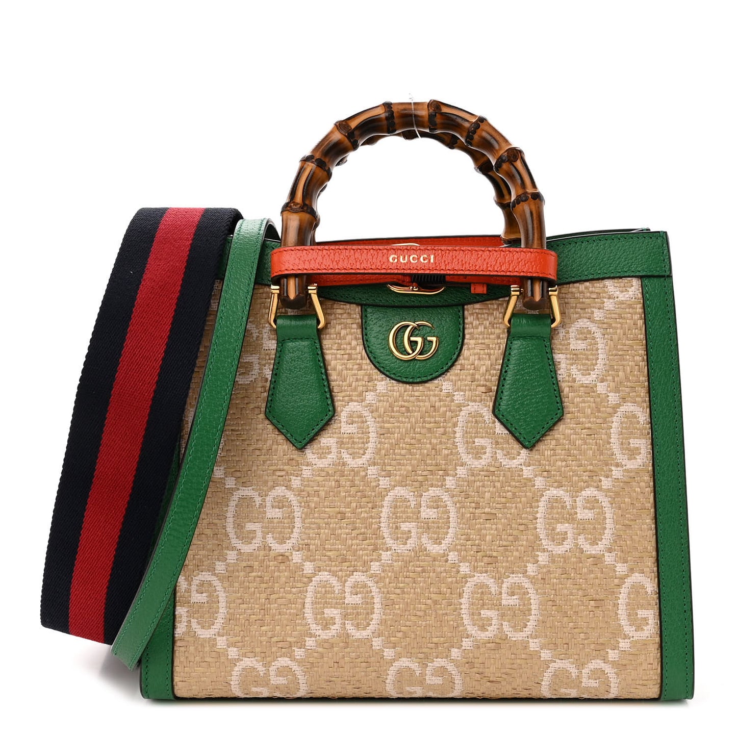 Raffia Textured Dollar Calfskin Web GG Monogram Small Diana Tote Bag Natural White New Shamarock Deep Orange