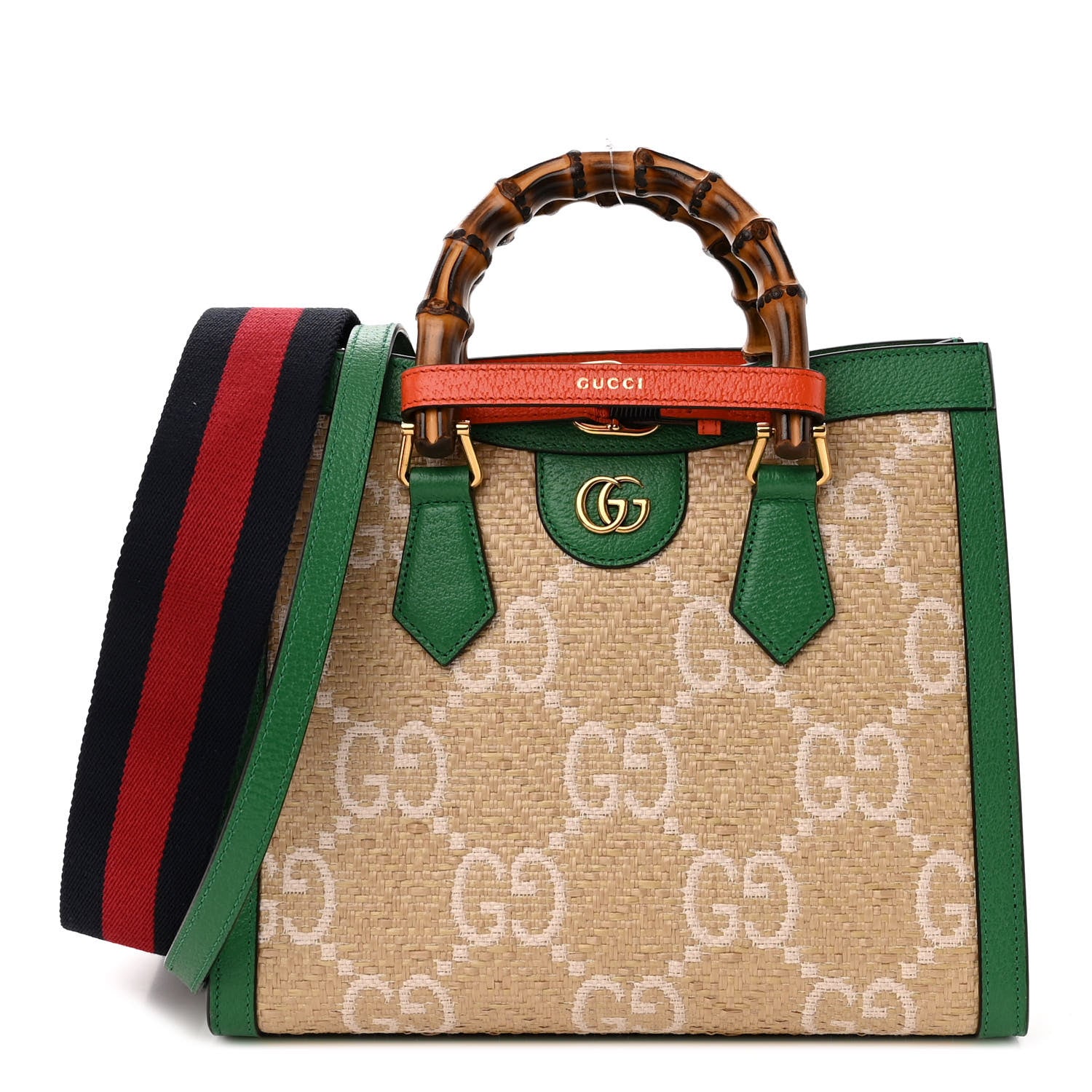 Gucci Raffia Textured Dollar Calfskin Web GG Monogram Small Diana Tote Bag Natural White New Shamarock Deep Orange 1 of 10