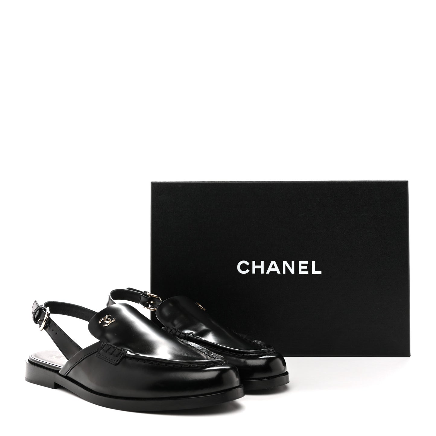Shiny Calfskin Slingback Loafers 36.5 Black